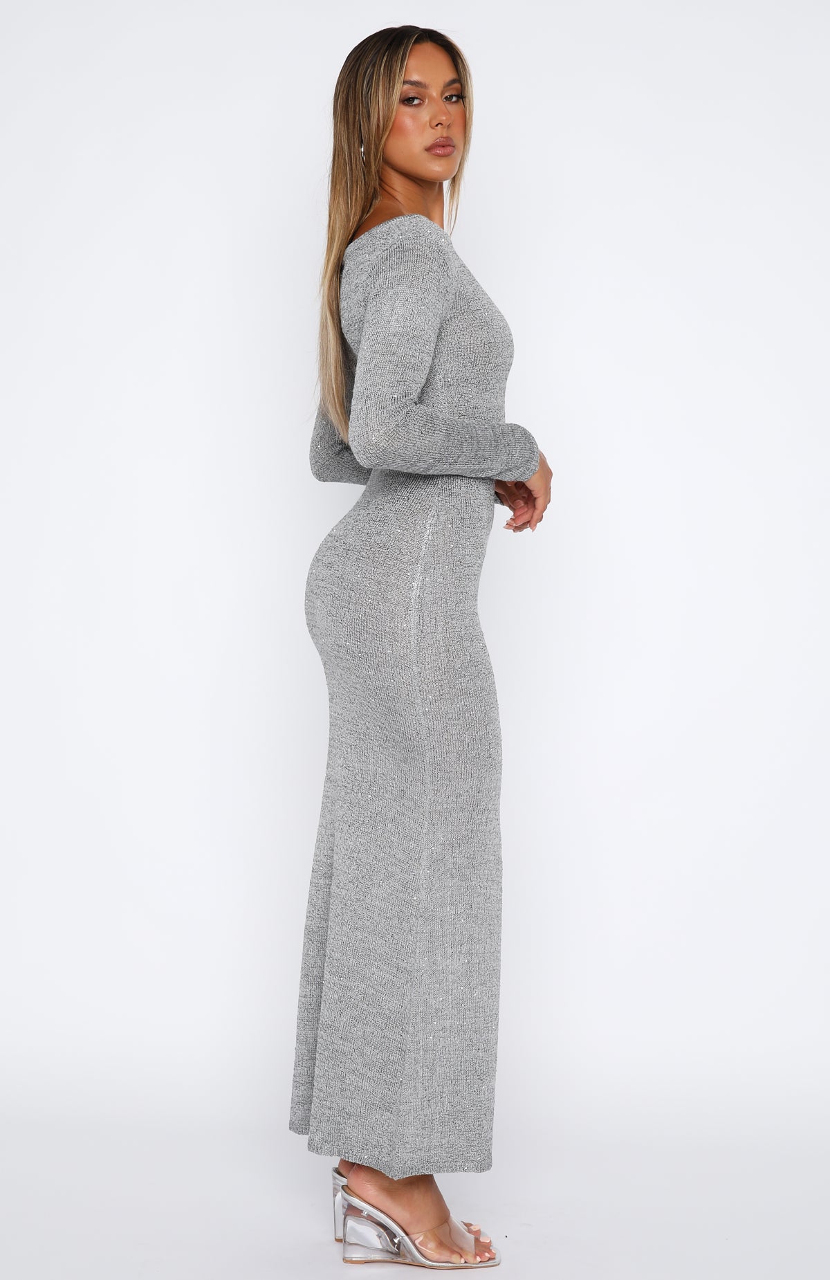 Divine Timing Long Sleeve Sequin Knit Maxi Dress Charcoal | White Fox ...