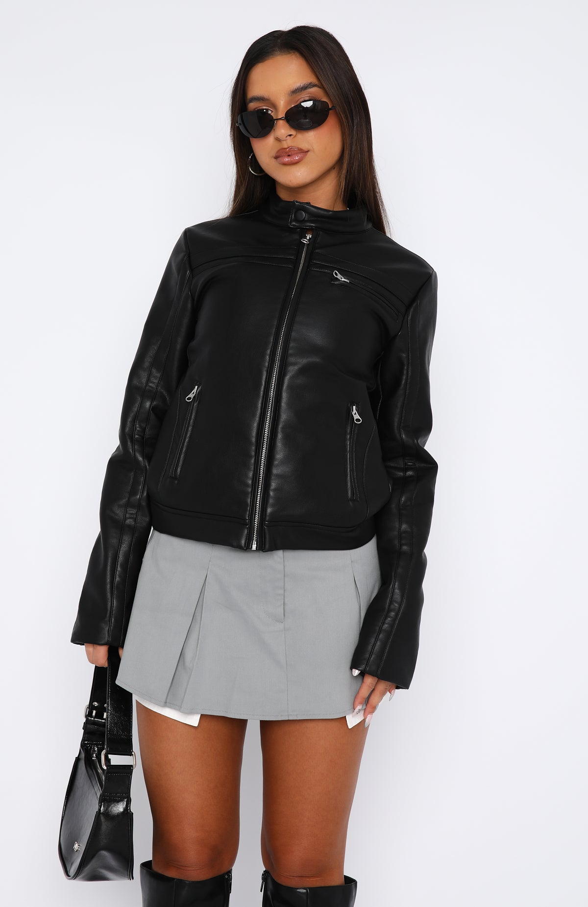 Seal The Deal PU Biker Jacket Black - White Fox Boutique Outerwear - Xs/S - Shop with Afterpay