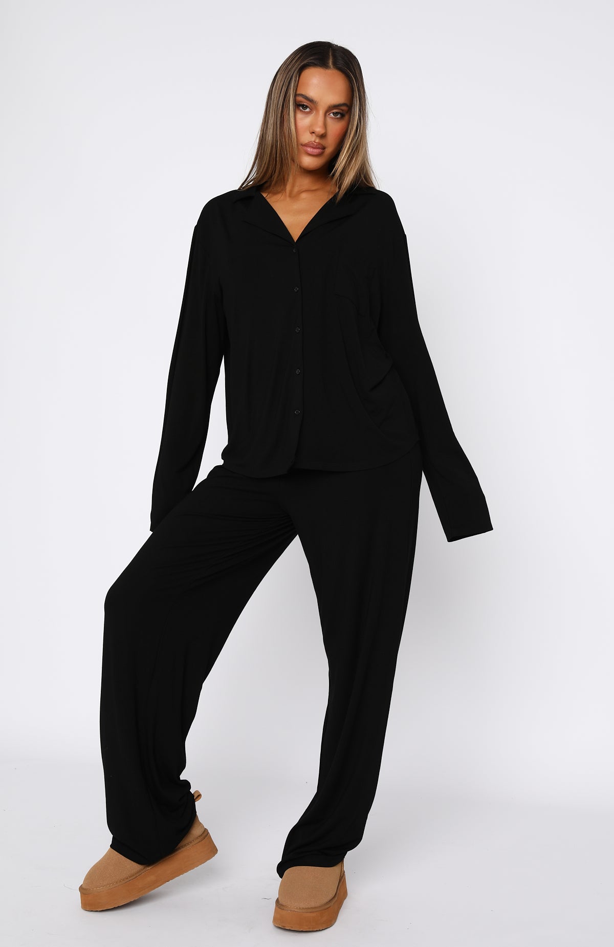 Pillow Talk Long Sleeve Pyjama Set Black | White Fox Boutique US