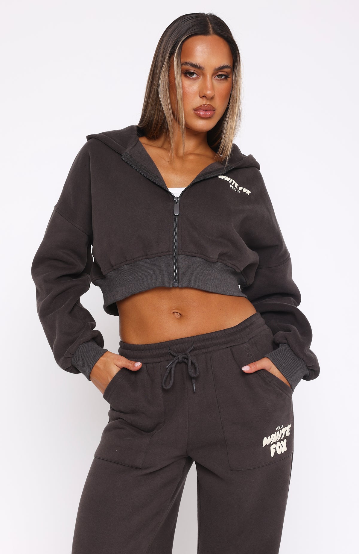 Offstage Cropped Zip Hoodie Shadow | White Fox Boutique US