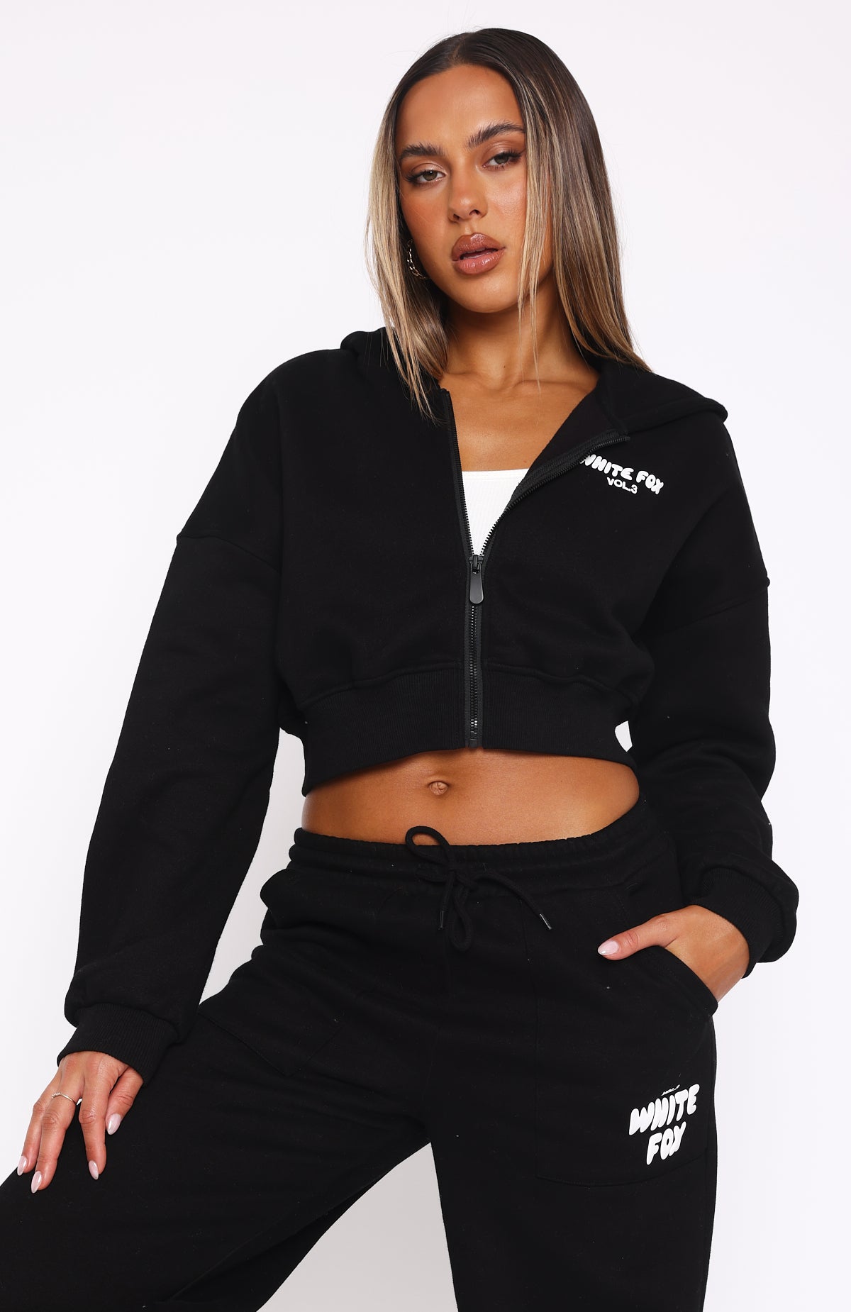Offstage Cropped Zip Hoodie Monochrome | White Fox Boutique US