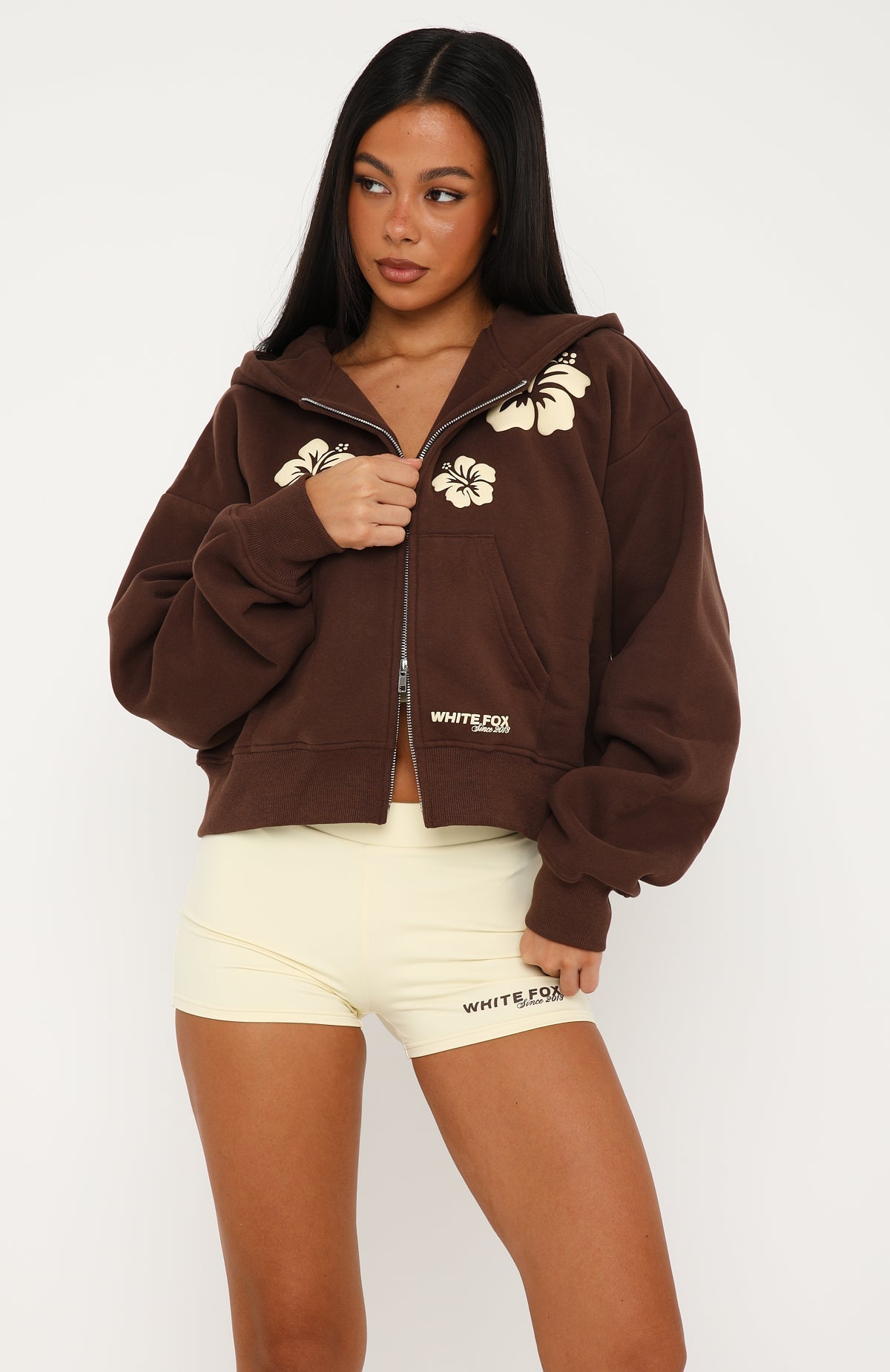 Come Catch Me Boxy Zip Front Hoodie Chocolate | White Fox Boutique US