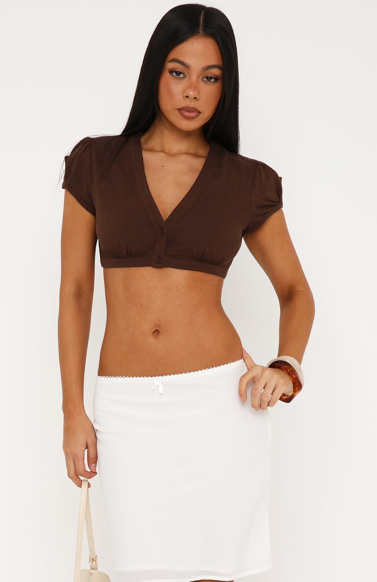 On Her Mind Short Sleeve Cropped Top Chocolate | White Fox Boutique US