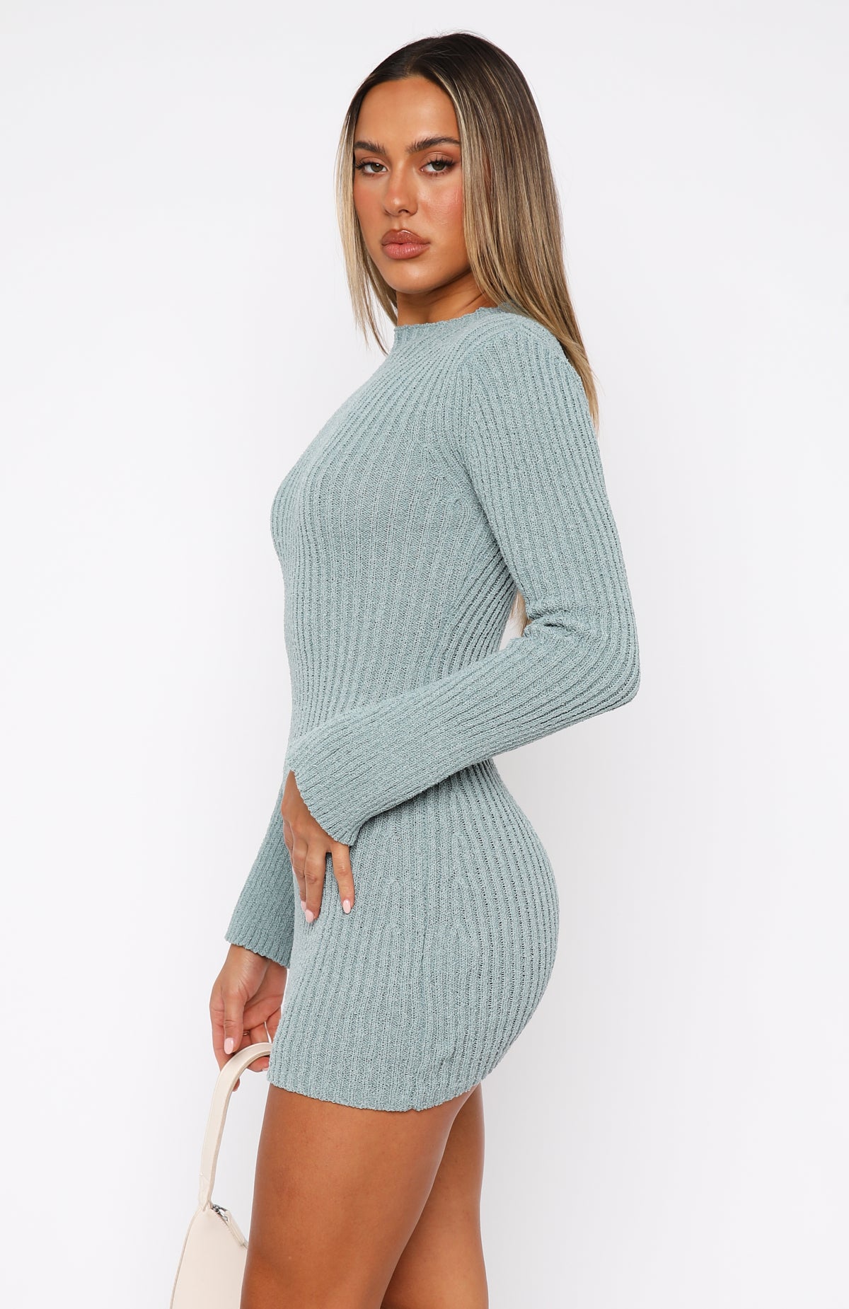 Get On Down Long Sleeve Knit Mini Dress Steel Blue | White Fox Boutique US