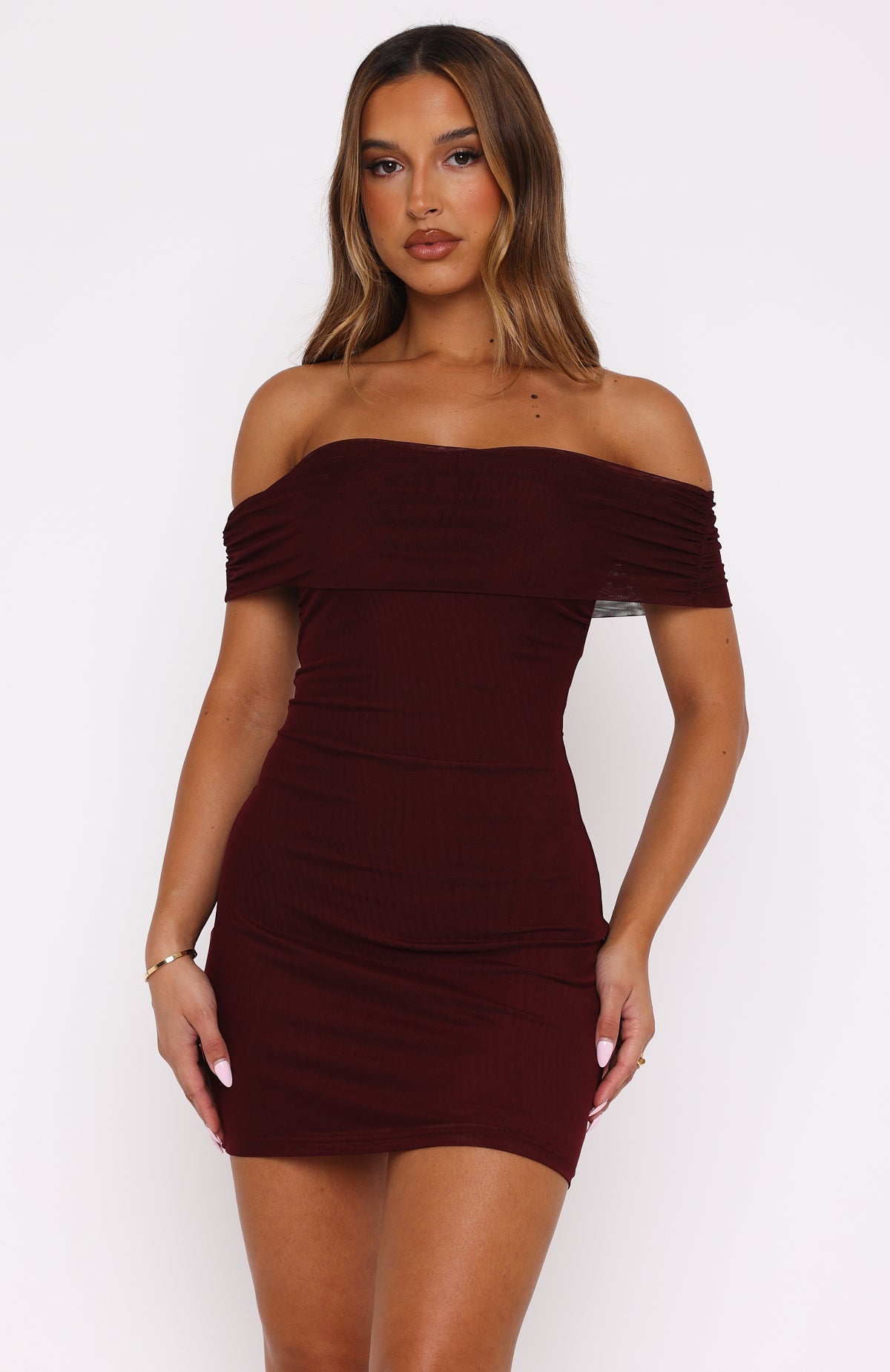 Got The Talent Off Shoulder Mini Dress Burgundy XL