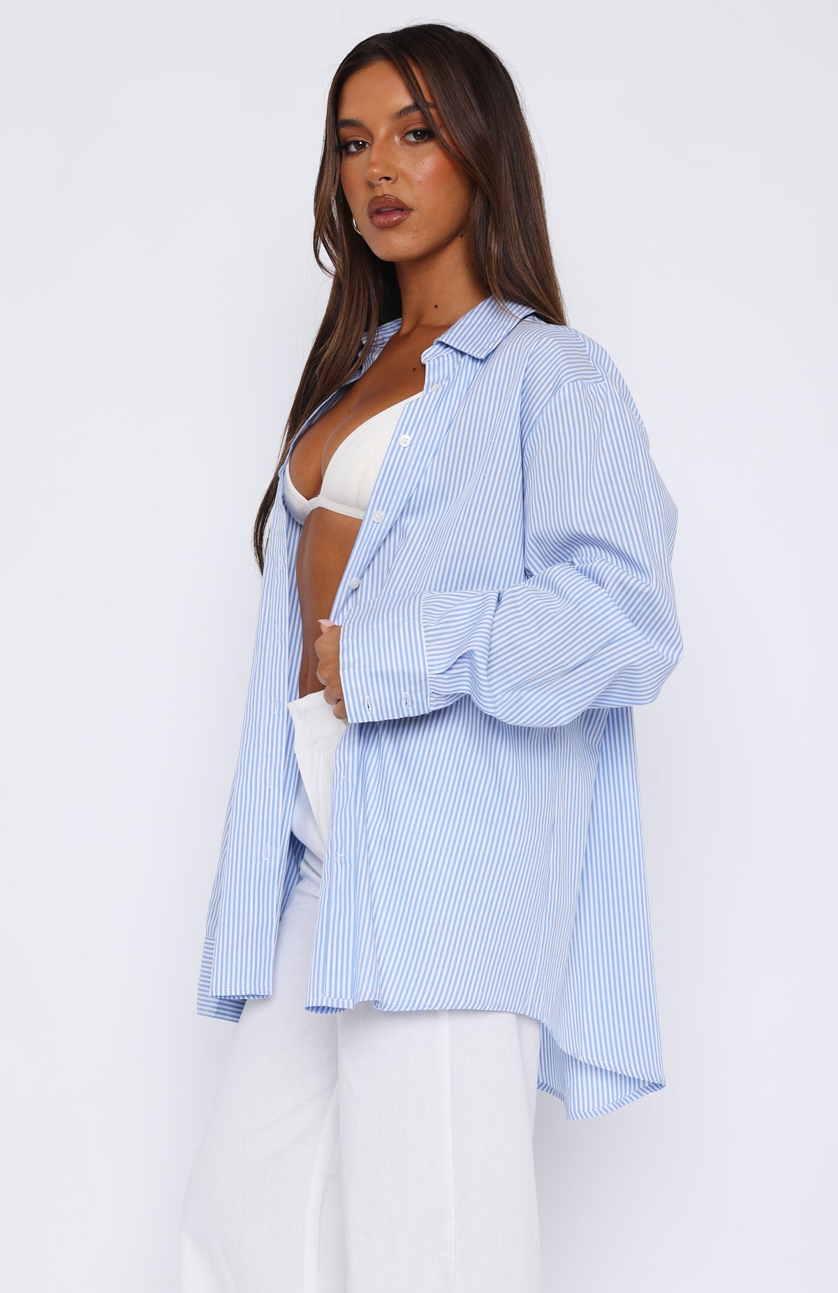 Always About Us Striped Button Up Shirt Light Blue | White Fox Boutique US