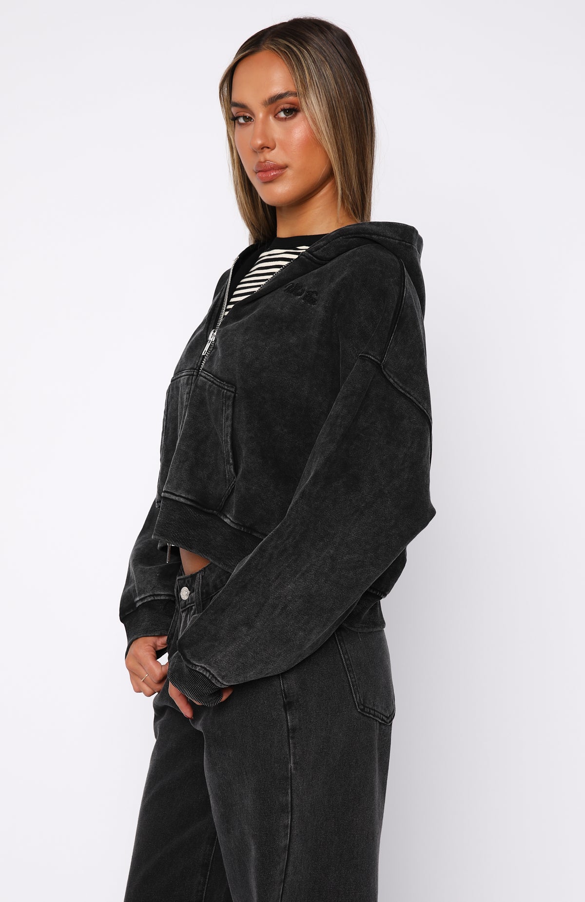 Hard To Remember Zip Front Hoodie Washed Black | White Fox