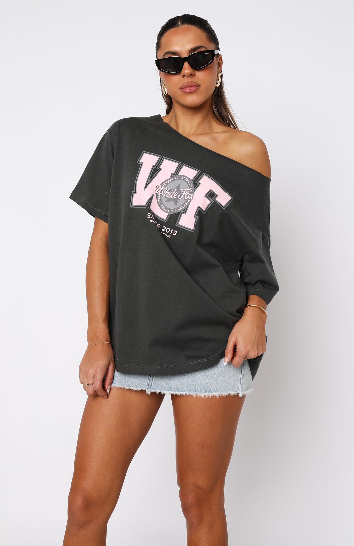 Your Favourite View Off Shoulder Oversized Tee Charcoal | White Fox ...