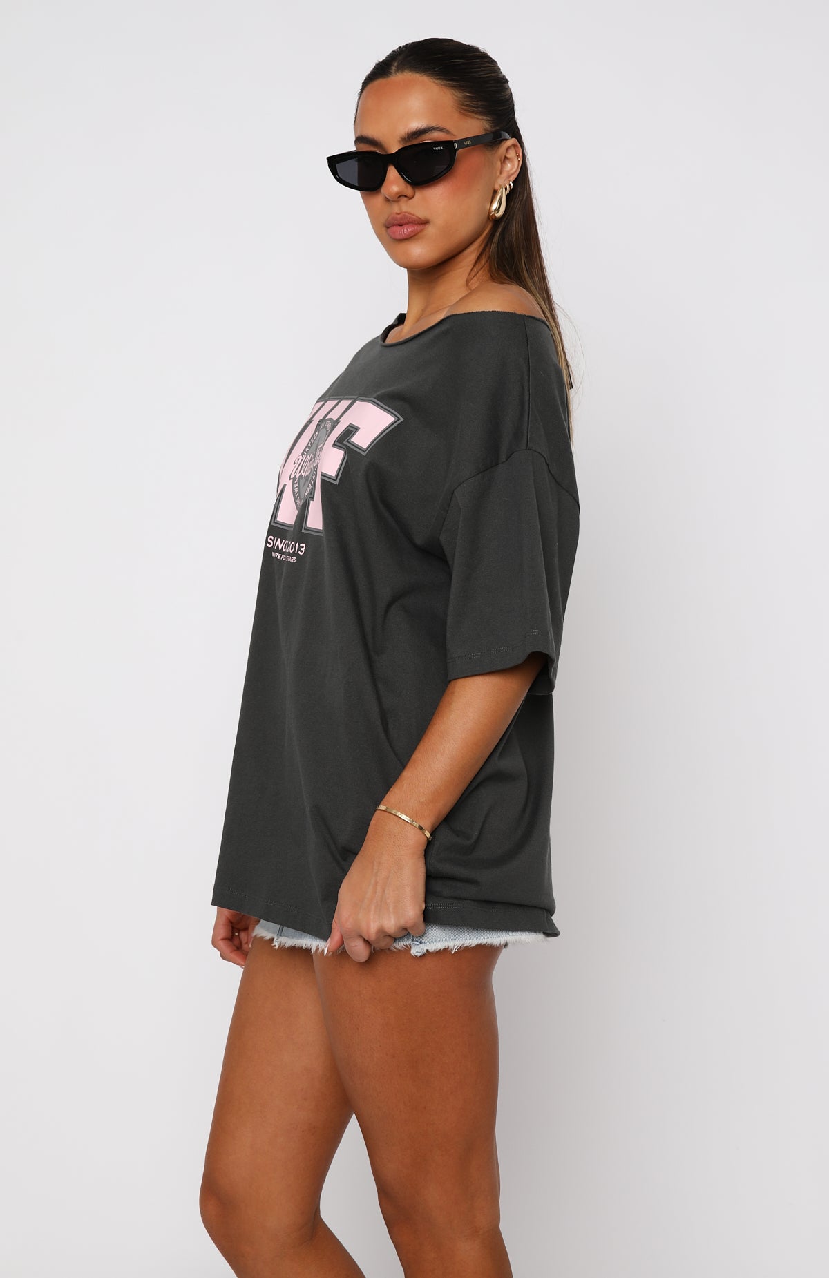 Your Favourite View Off Shoulder Oversized Tee Charcoal | White Fox ...