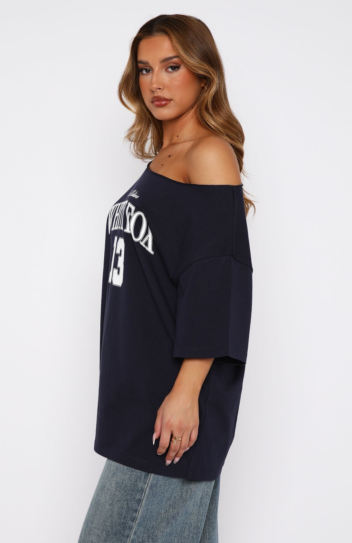 Everything In Time Off Shoulder Oversized Tee Navy | White Fox Boutique US