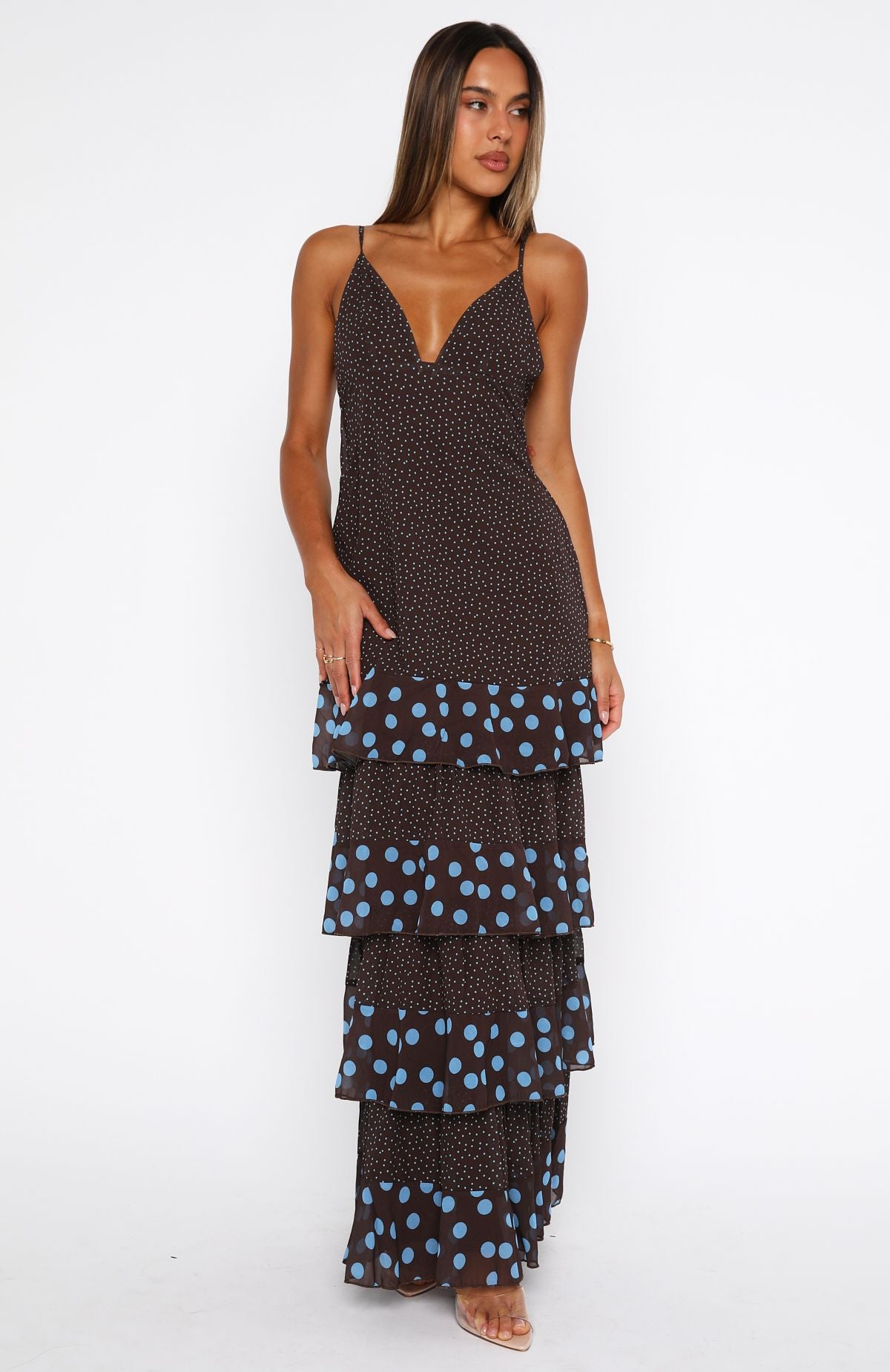 Princess Maxi Dress Chocolate/Blue Polka Dot | White Fox Boutique US