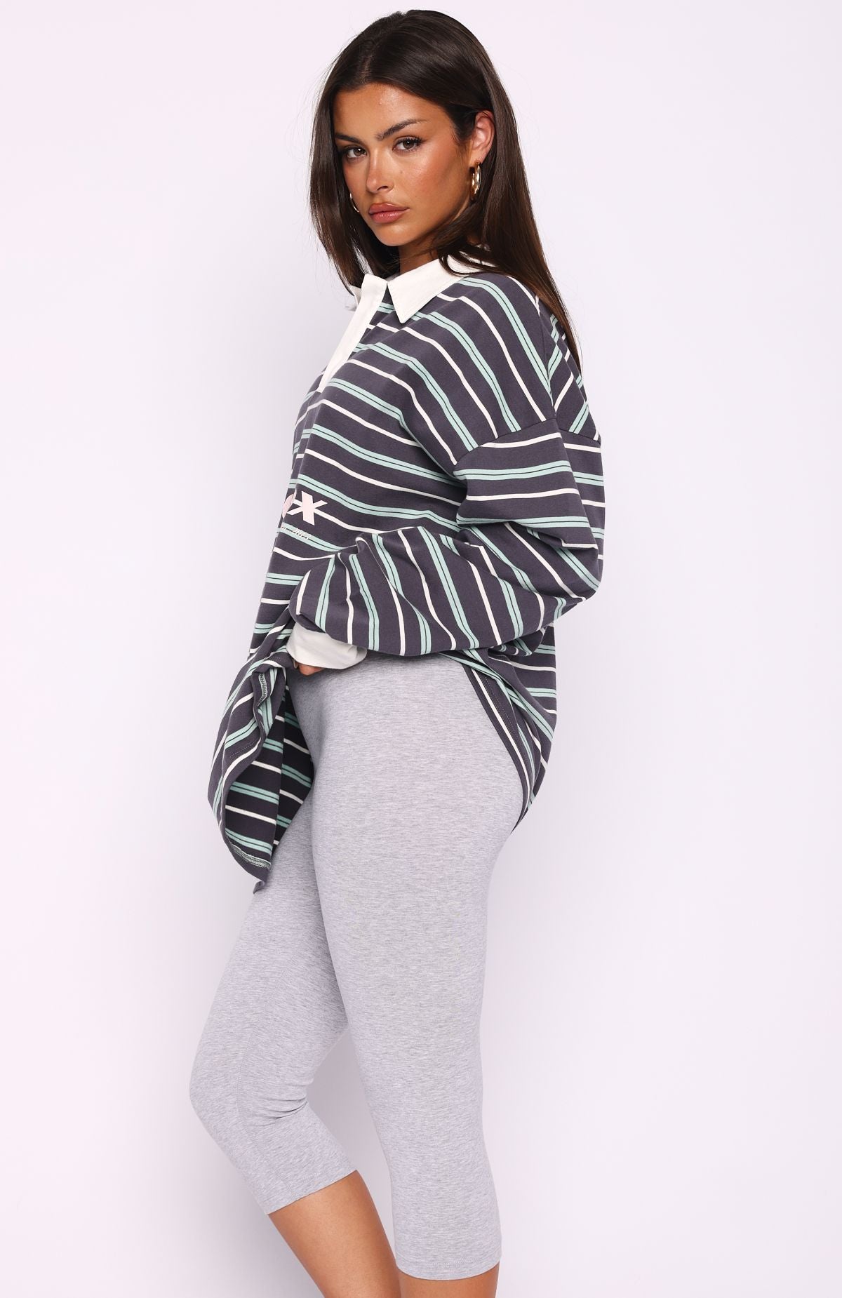 Gentle Affection Long Sleeve Rugby Shirt Grey/Mint Stripe | White