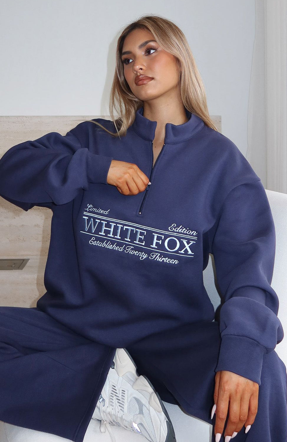 トップス threeface sweat Standing My Ground Zip Front Sweater Navy | White Fox Boutique US