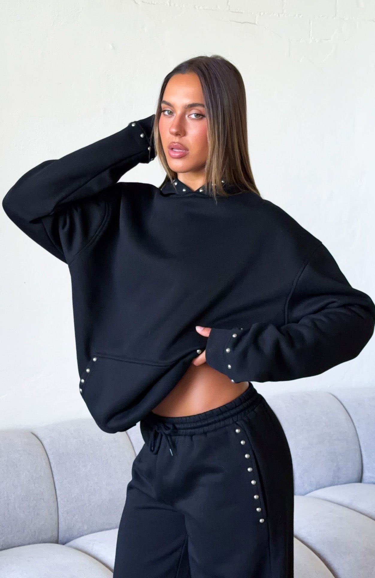 White Fox Glow Your Own Way Studded Oversized Hoodie Black