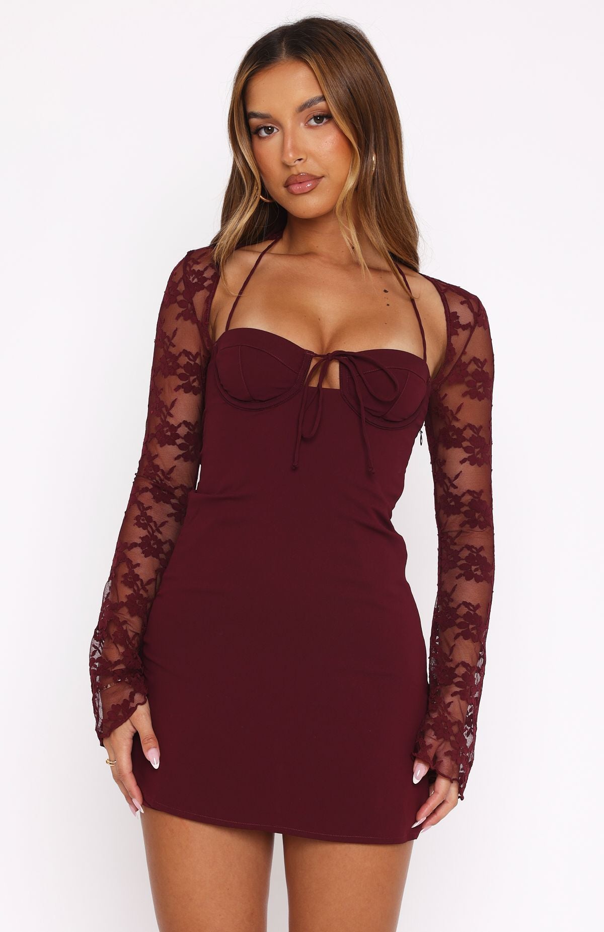 fitted lace wedding dress Won't Hide Long Sleeve Mini Dress Wine
