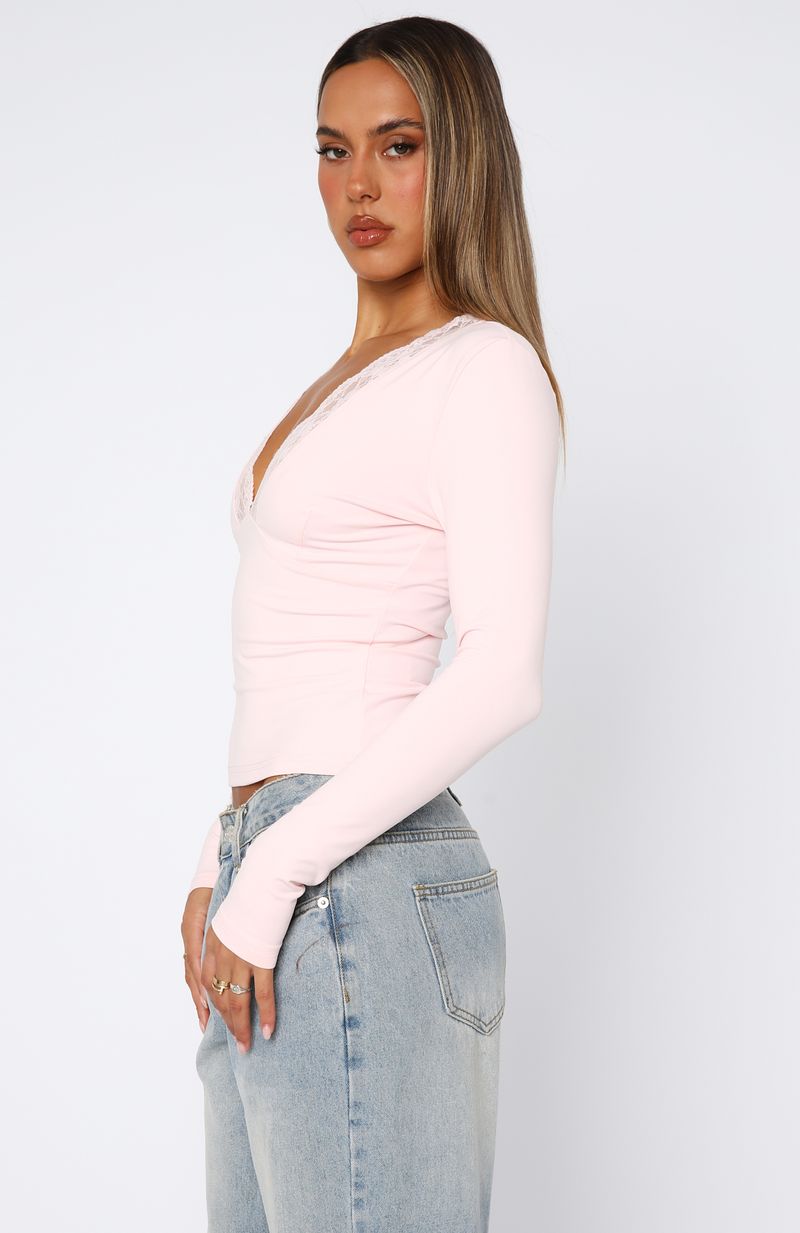 Knew That All Along Lace Trim Long Sleeve Top Baby Pink | White