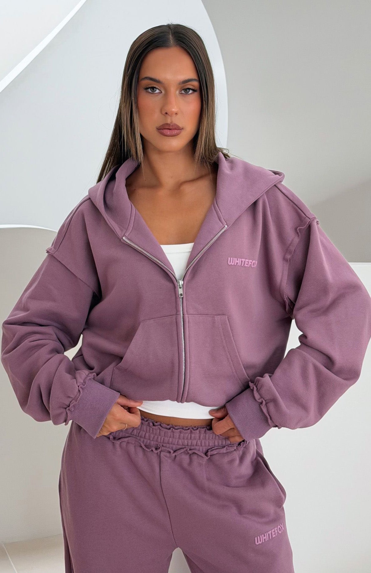 On My Own Terms Boxy Zip Front Hoodie Dusty Plum | White Fox