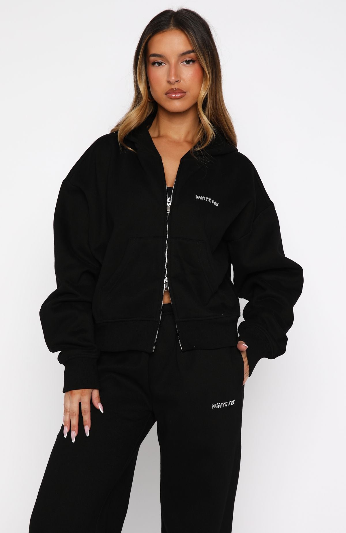 Test Drive Boxy Zip Front Hoodie Black | White Fox Boutique US