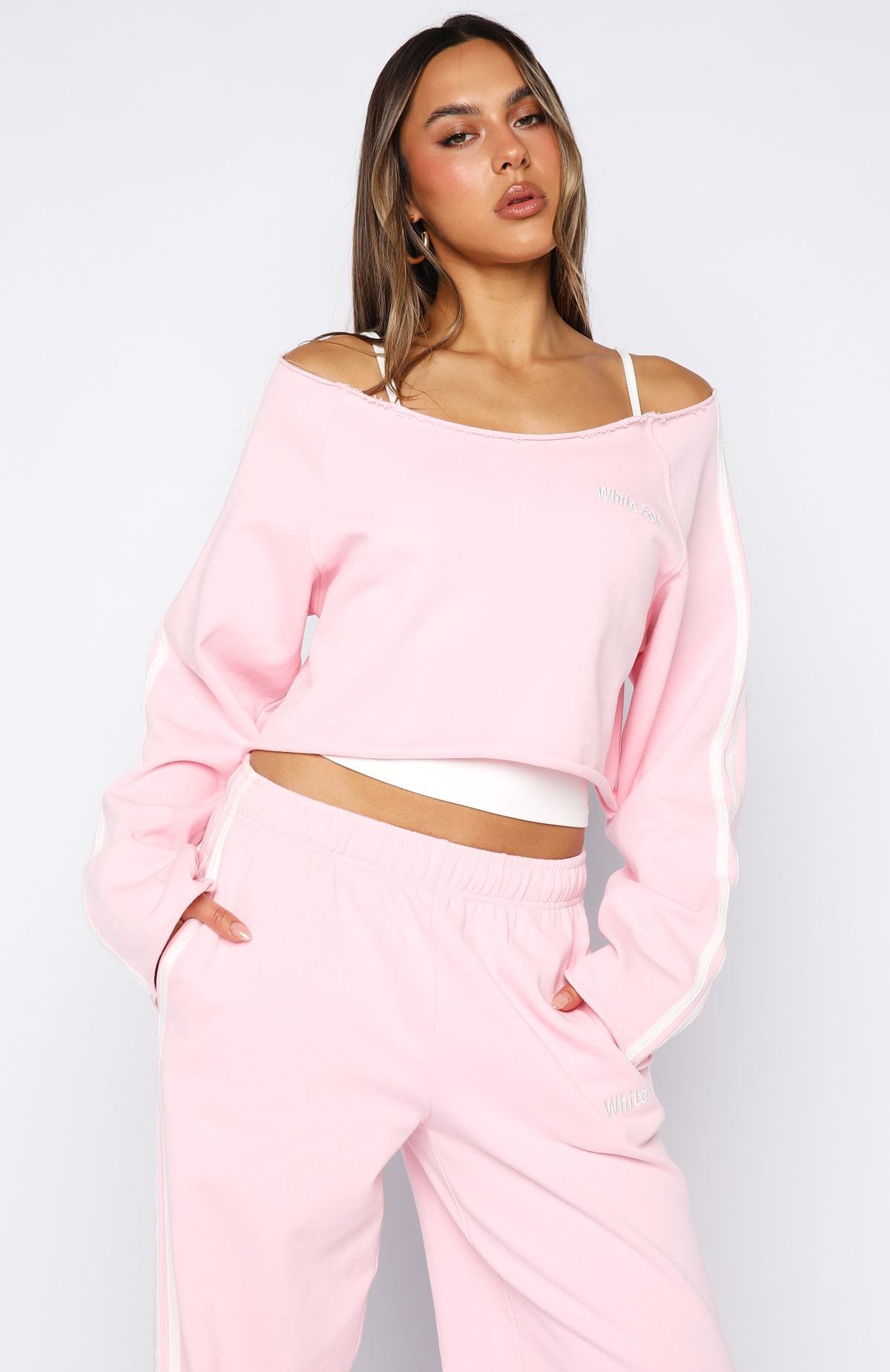 Star Student Cropped Off Shoulder Sweater Pink | White Fox Boutique US