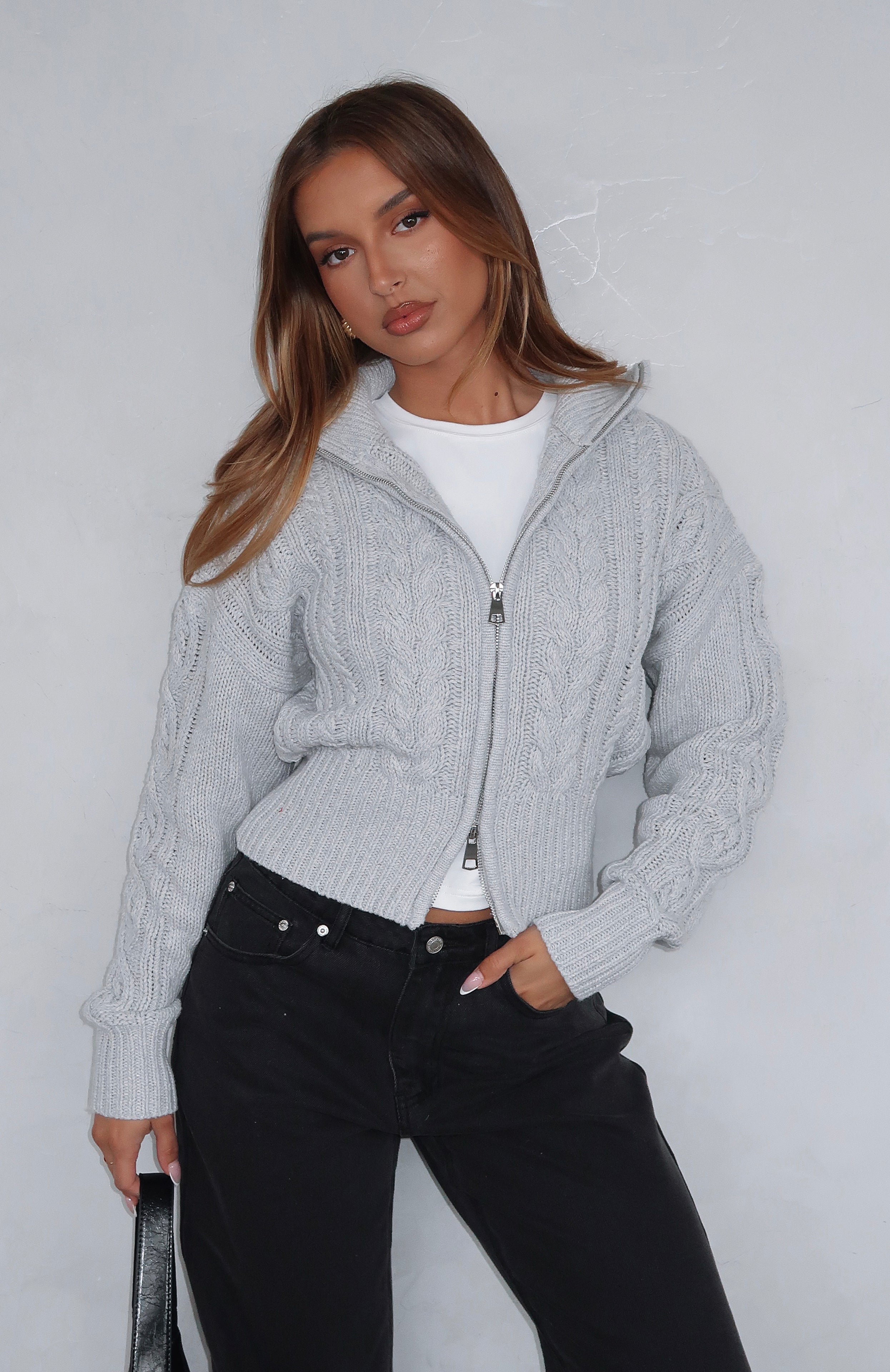 All At Once Zip Front Knit Sweater Grey Marle | White Fox