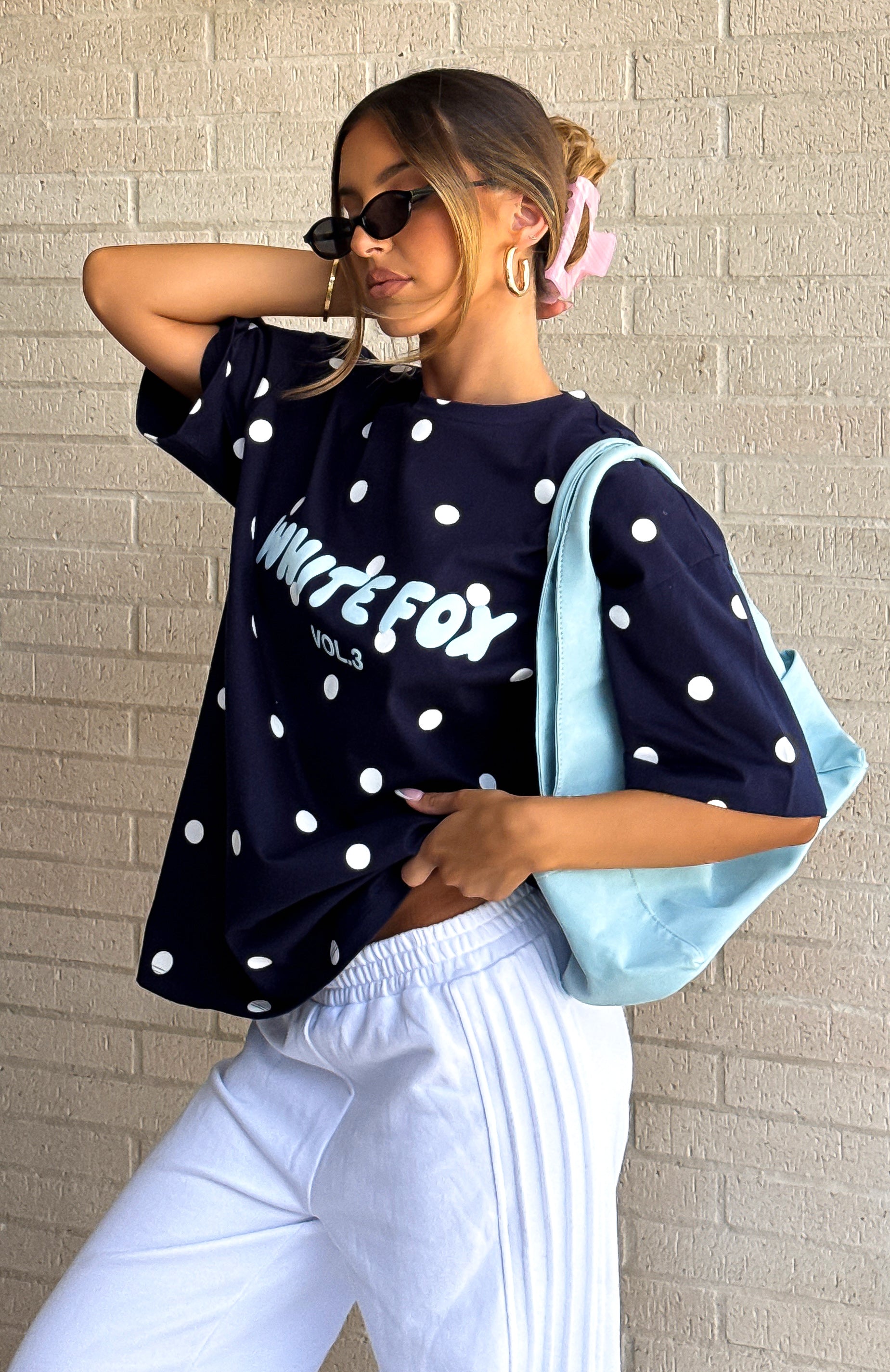 Offstage Printed Oversized Tee Navy Polka Dot | White Fox Boutique US