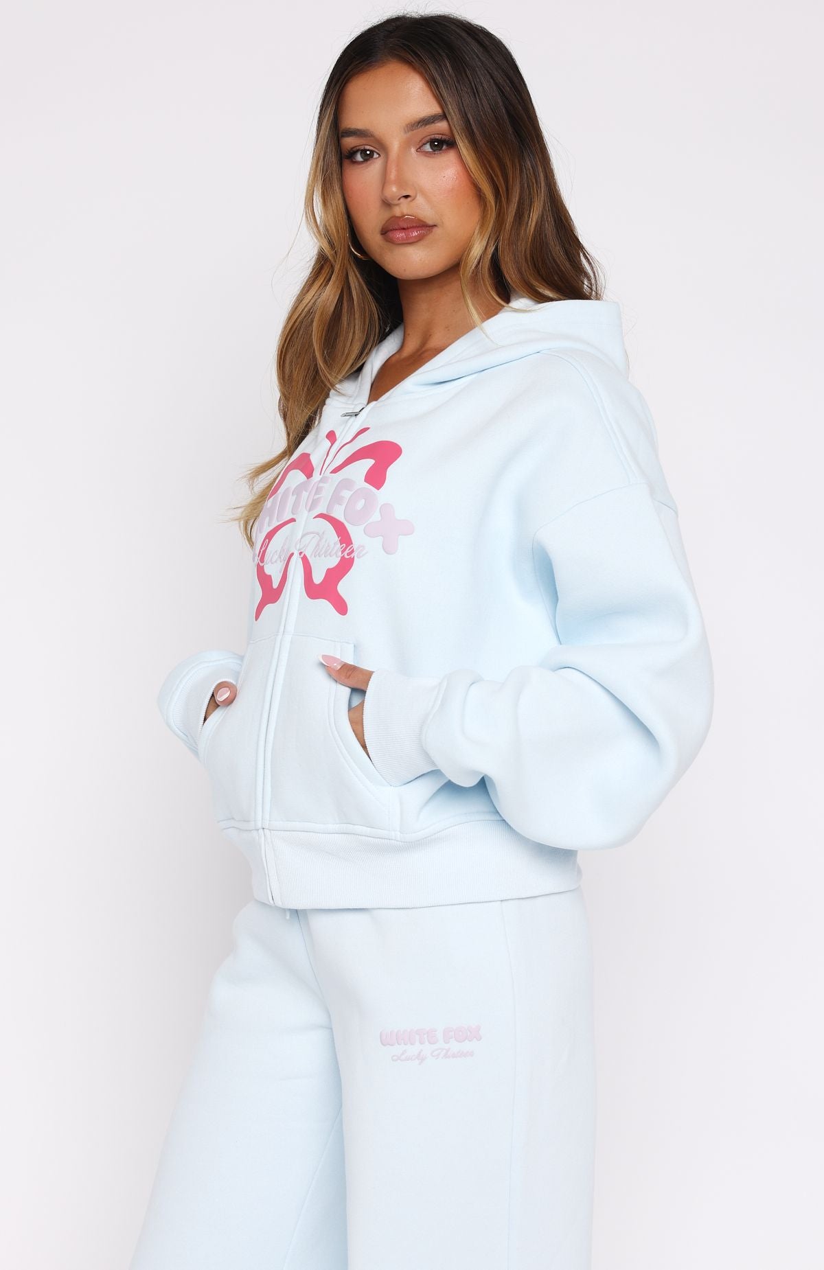 Lucky Thirteen Audrina Boxy Zip Front Hoodie Blue | White Fox