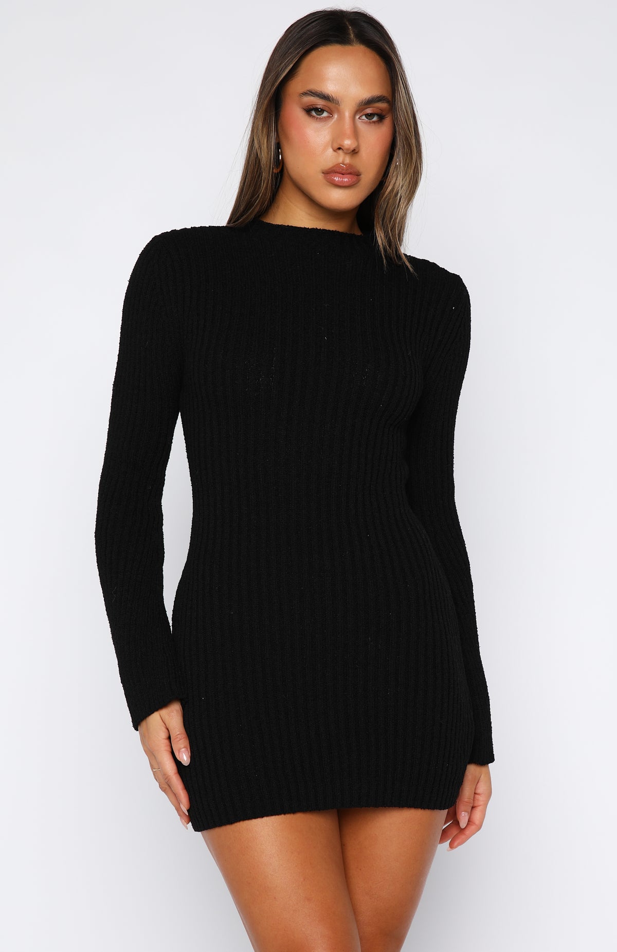 Get On Down Long Sleeve Knit Mini Dress Black | White Fox Boutique US