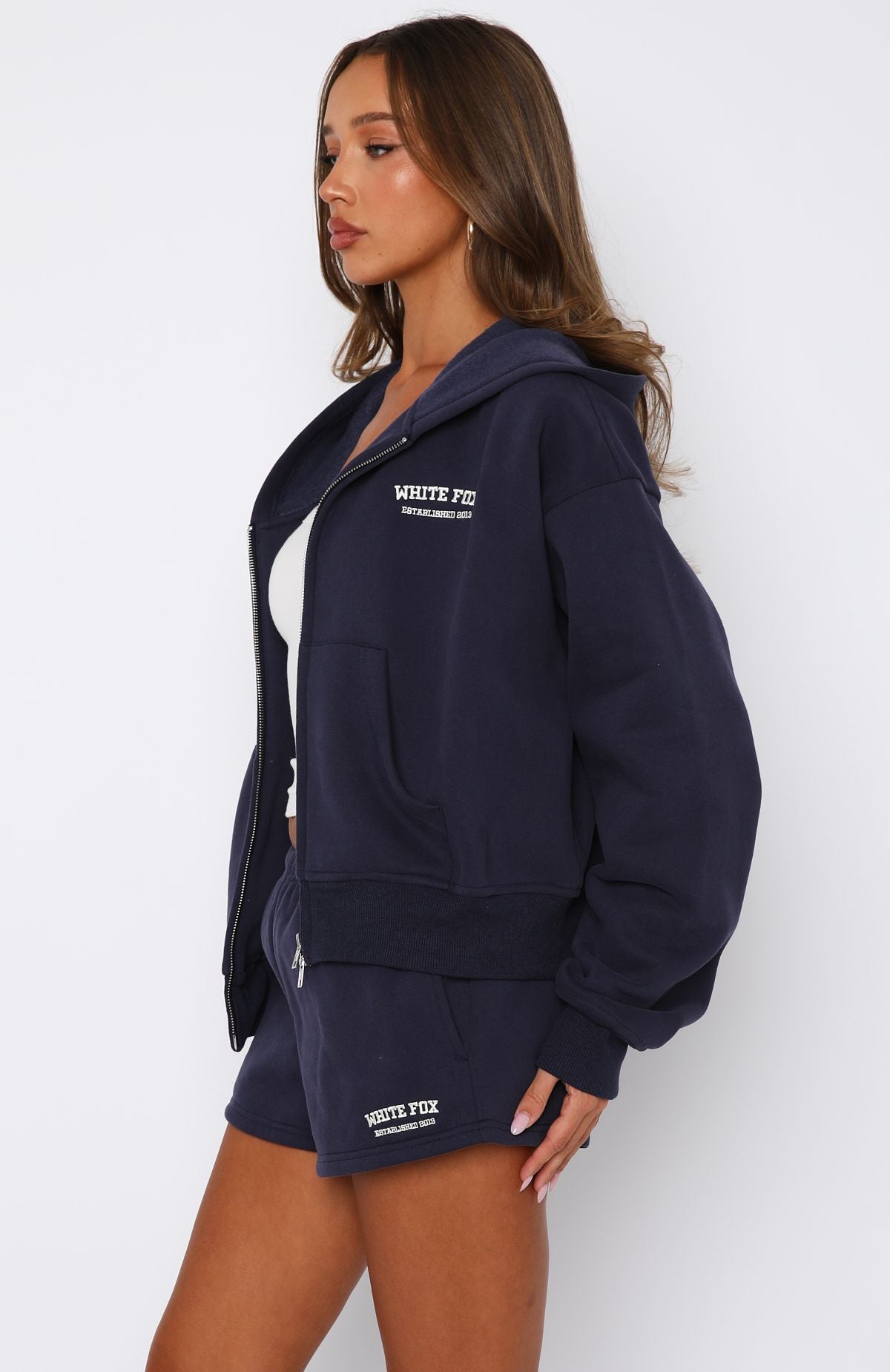 Can't Miss It Boxy Zip Front Hoodie Navy | White Fox Boutique US
