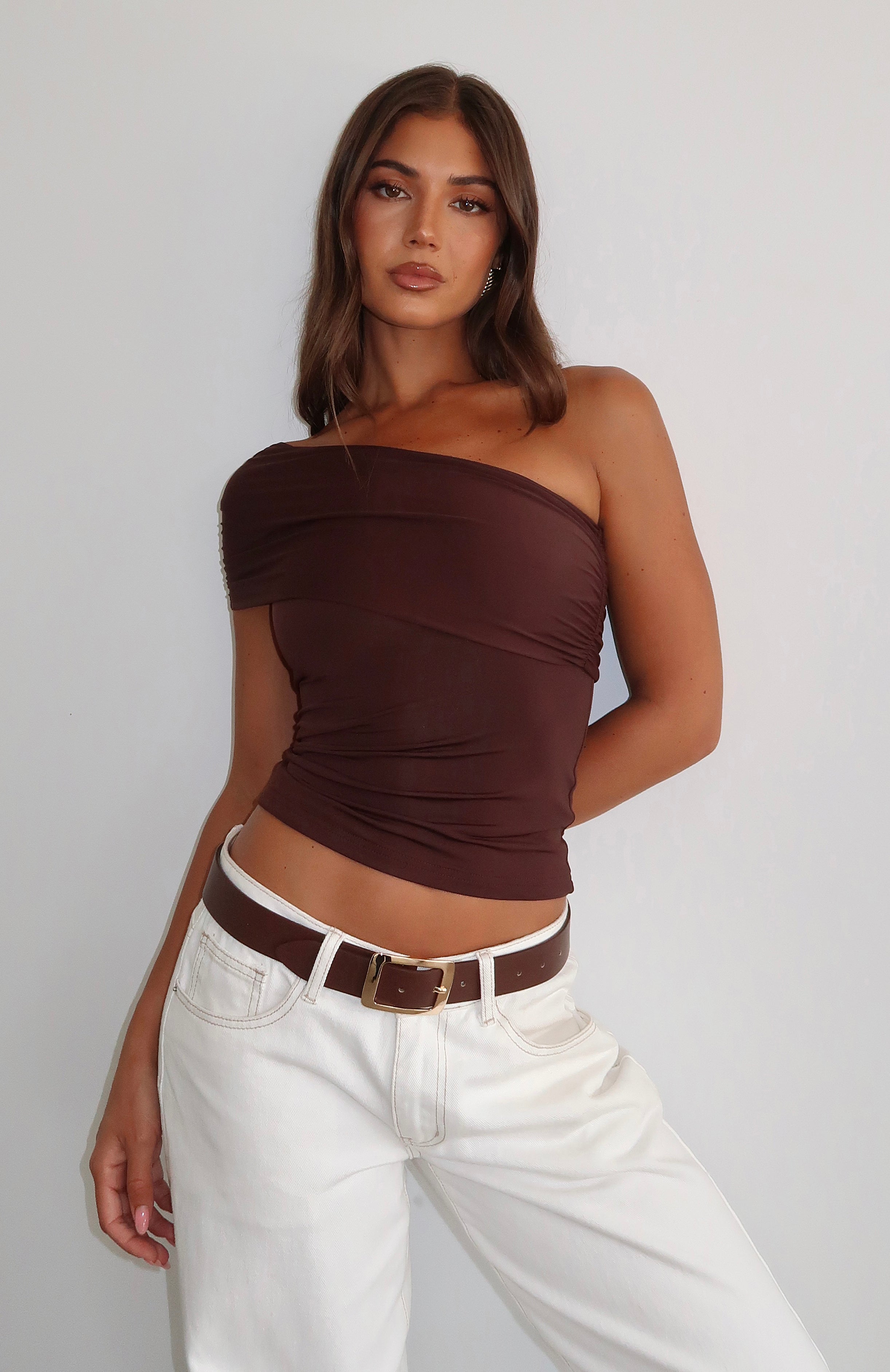 Don't Worry About It One Shoulder Top Chocolate | White Fox
