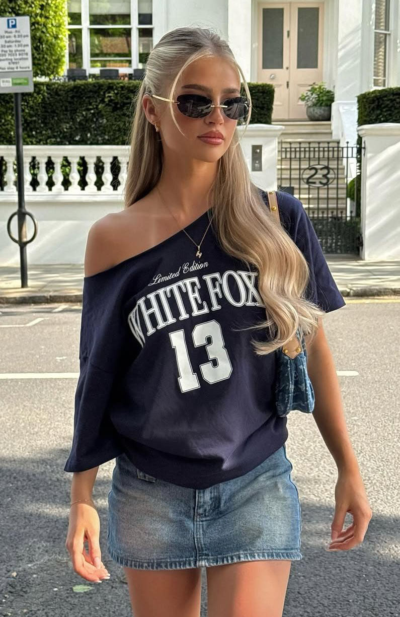 Everything In Time Off Shoulder Oversized Tee Navy | White Fox