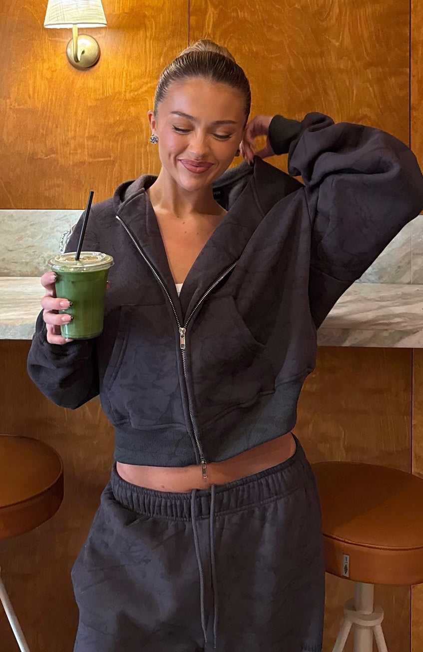 Hiding Away Boxy Zip Front Hoodie Dark Camo | White Fox Boutique US