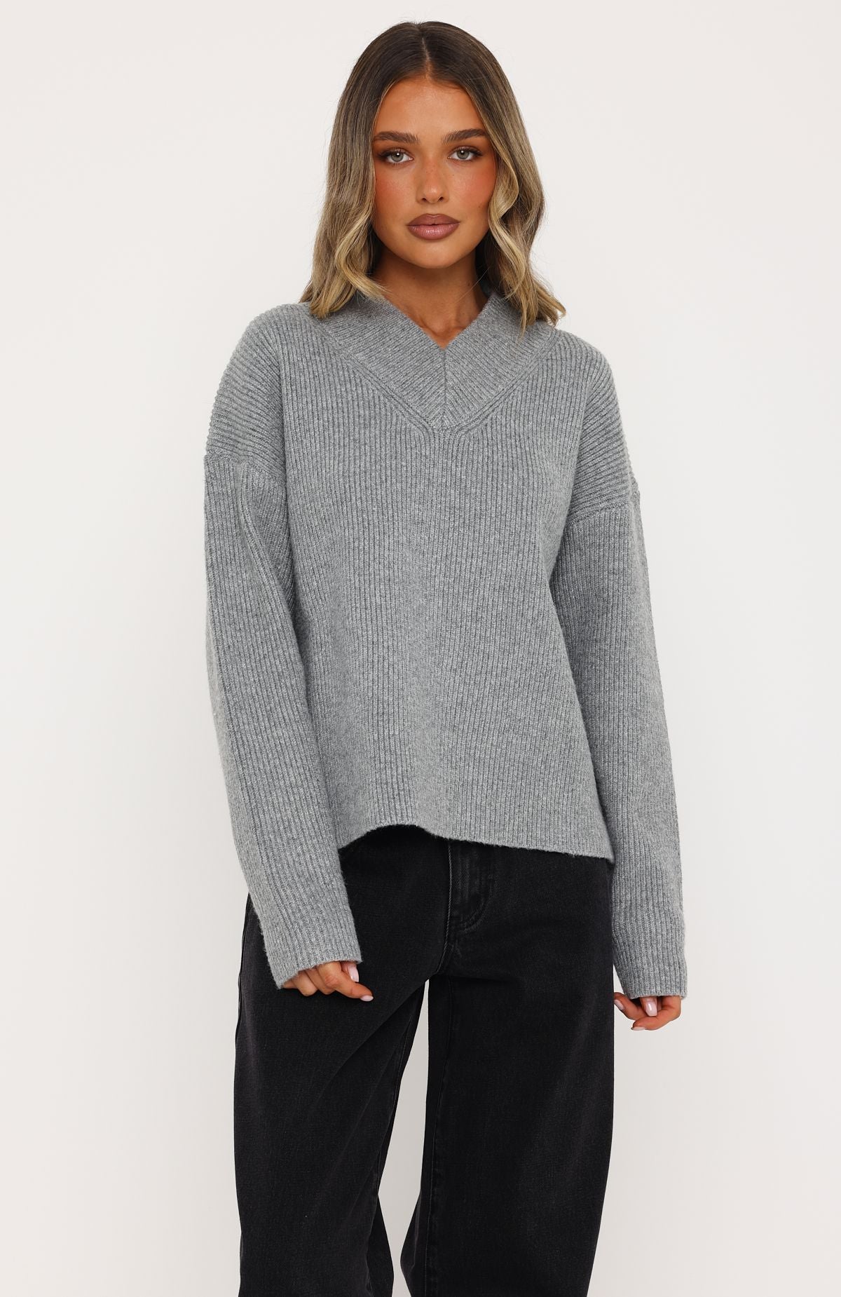 Luzia V Neck Knit Sweater Grey | White Fox Boutique US