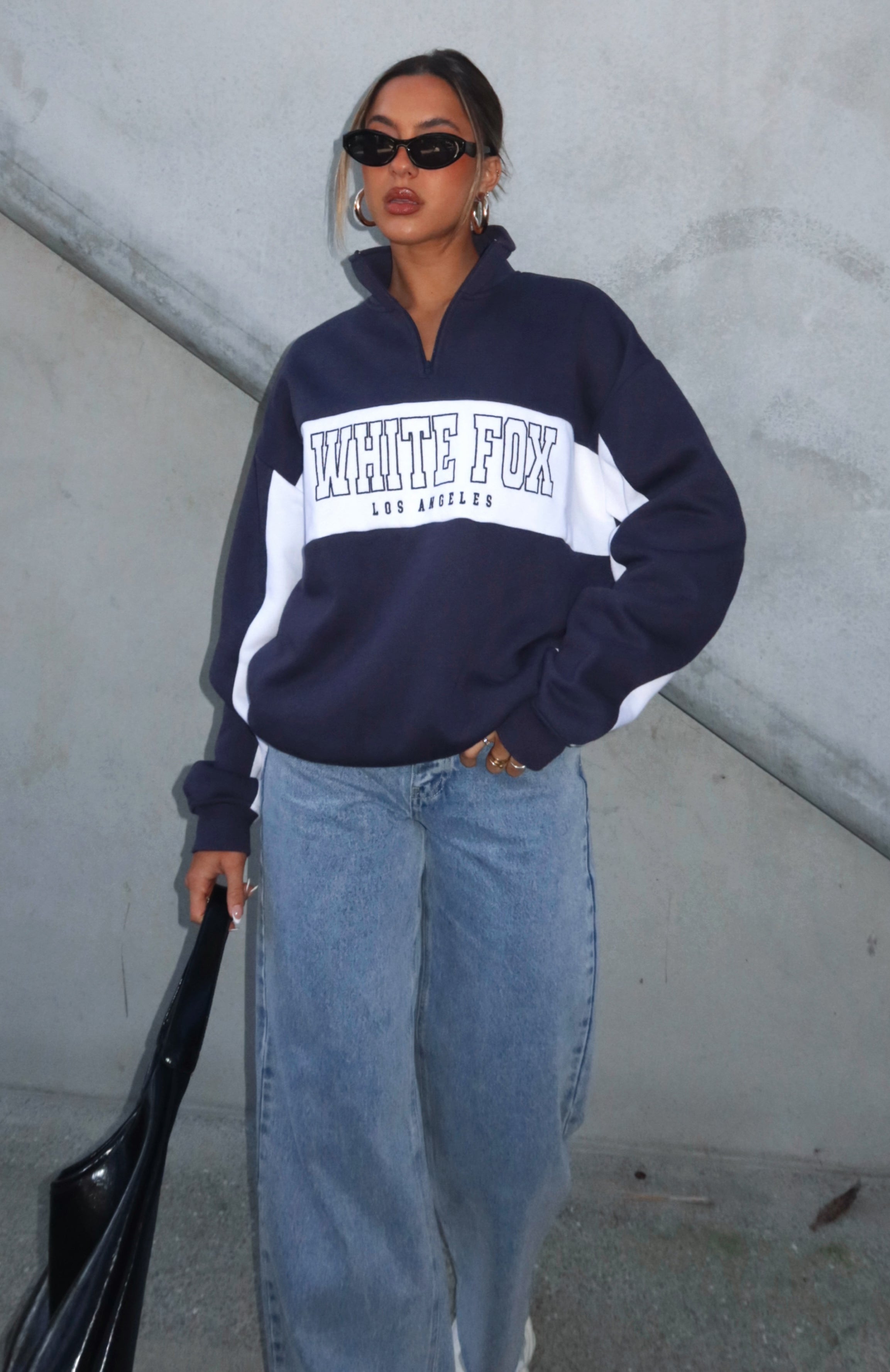 Jokes On You Zip Front Sweater Navy | White Fox Boutique US