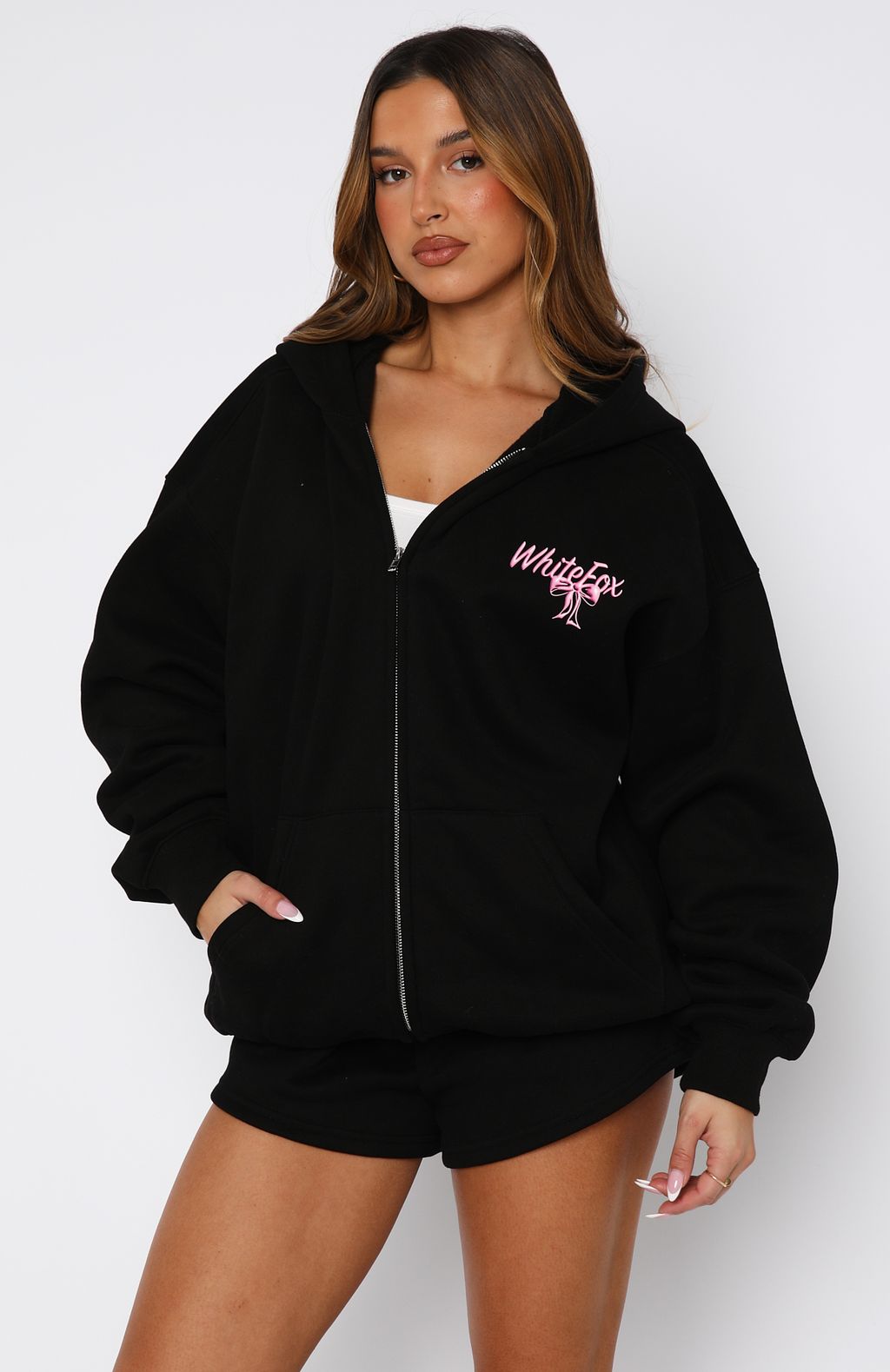 Protecting What's Mine Zip Front Hoodie Black | White Fox Boutique US