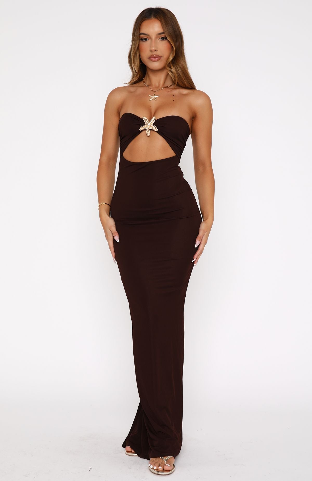 brown and white strapless dress Airy Light Cotton Check Strapless Dress Brown Gingham Check
