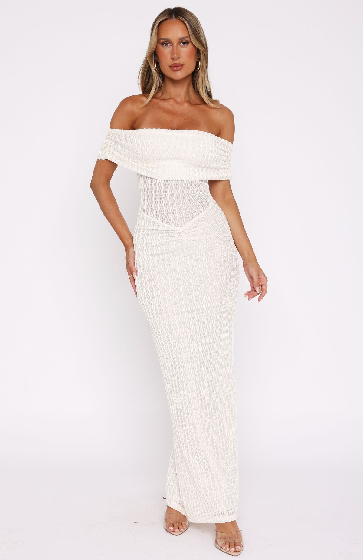 off shoulder maxi white dress Unwritten Chapters Maxi Dress Off White