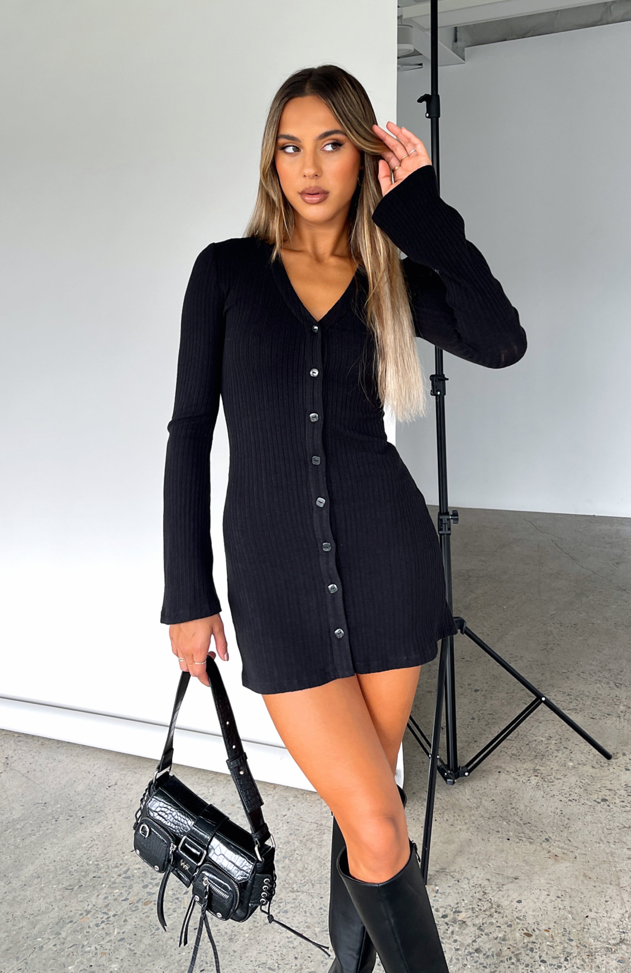 Live In The Moment Long Sleeve Mini Dress Black | White Fox