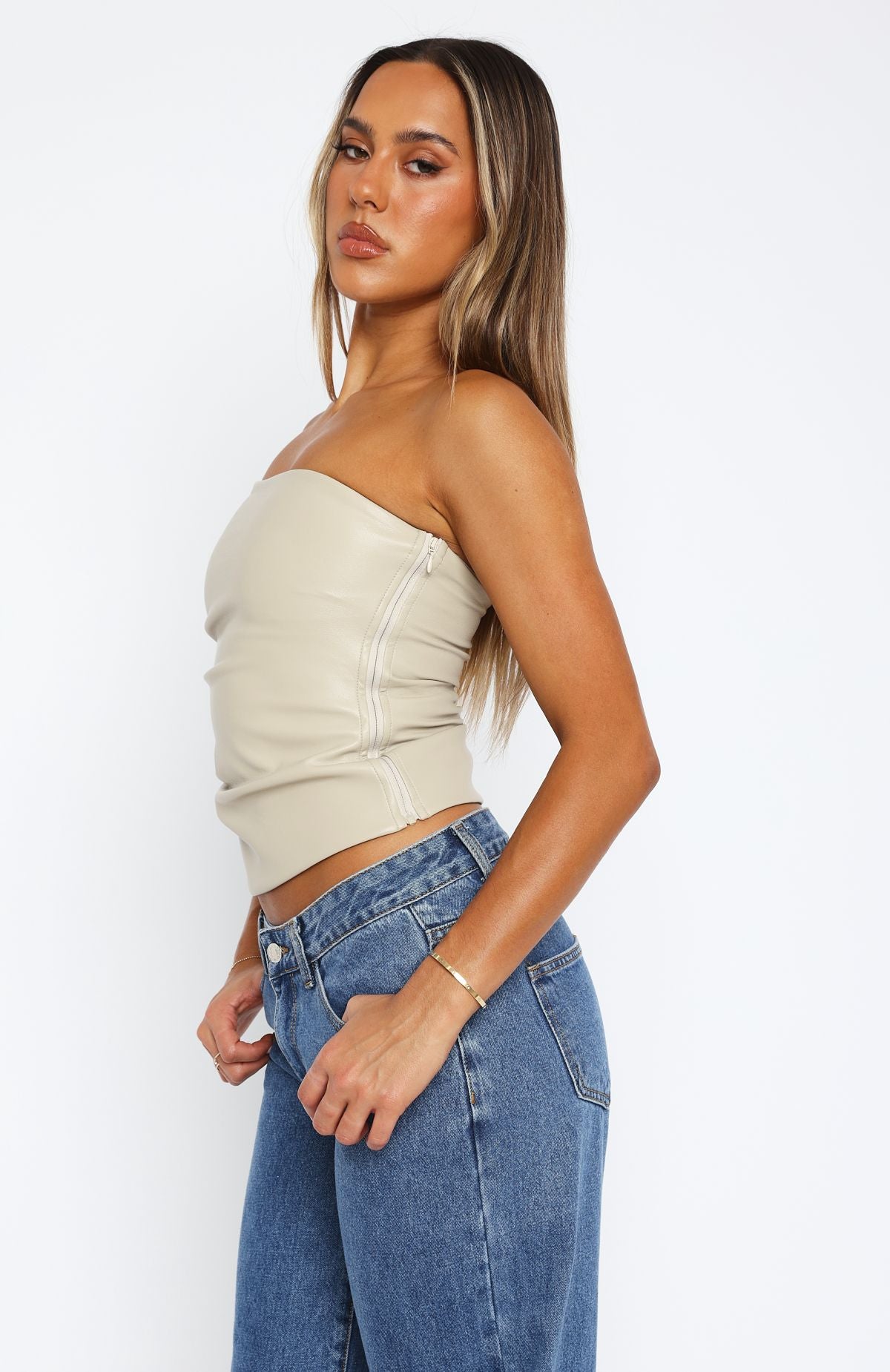 Well Behaved Strapless PU Bustier Taupe | White Fox Boutique US