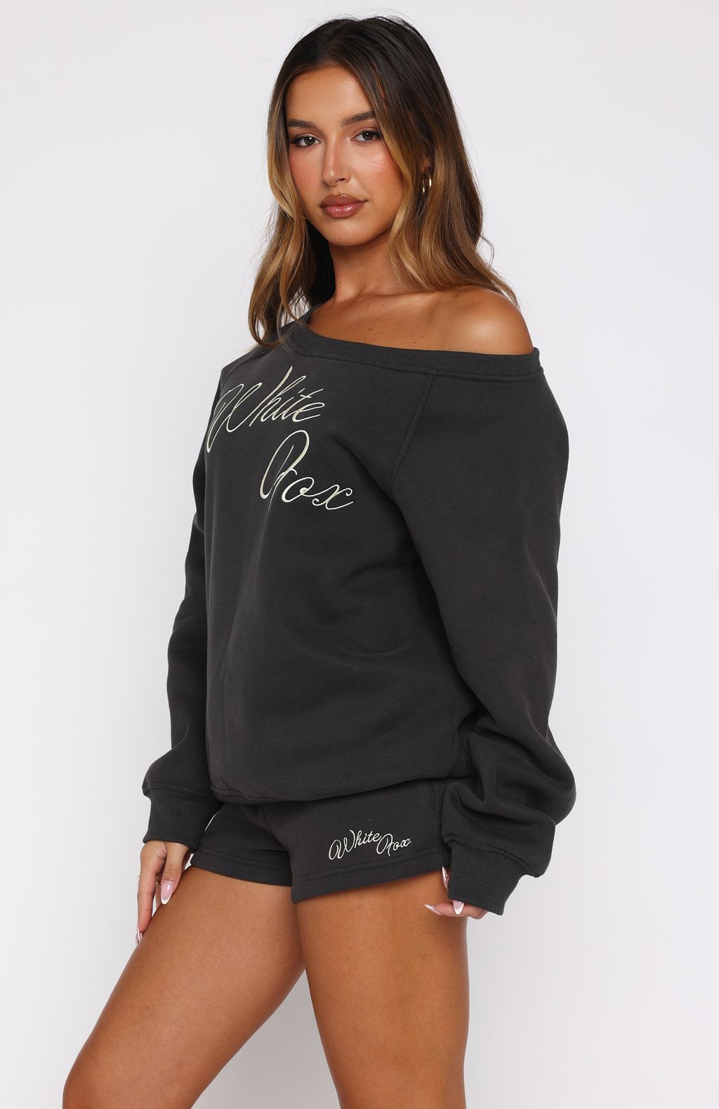 Lucky Thirteen Elsa Off Shoulder Sweater Charcoal | White Fox