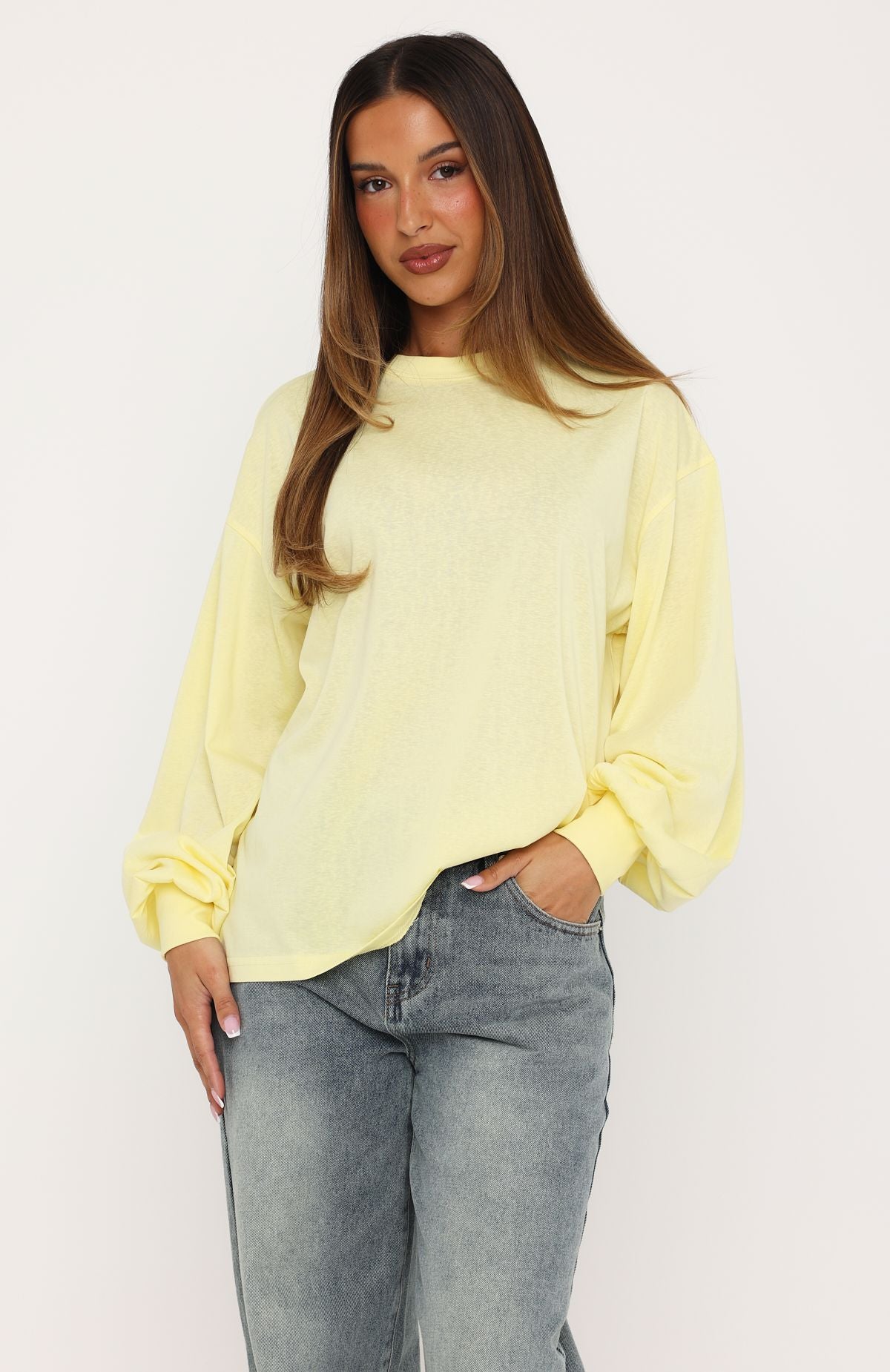 Comfy Girl Oversized Long Sleeve Tee Lemon | White Fox Boutique US