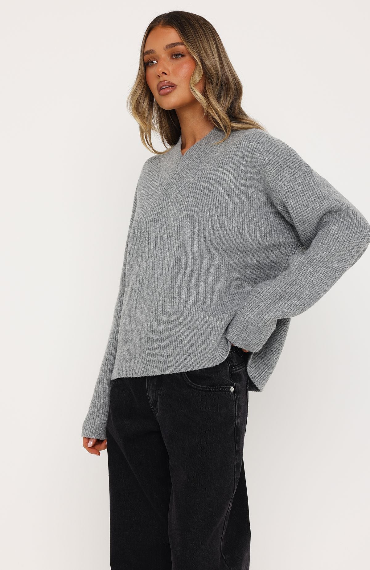 Luzia V Neck Knit Sweater Grey | White Fox Boutique US