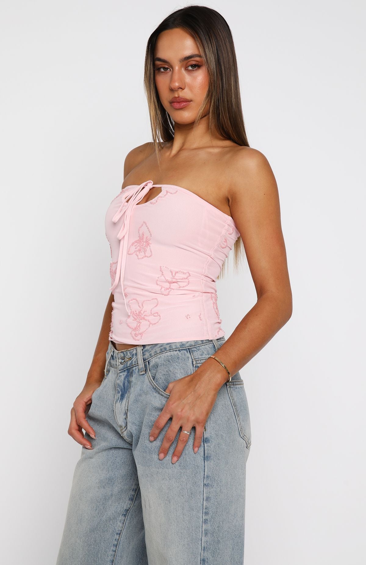 Glow Season Beaded Strapless Top Baby Pink | White Fox Boutique US