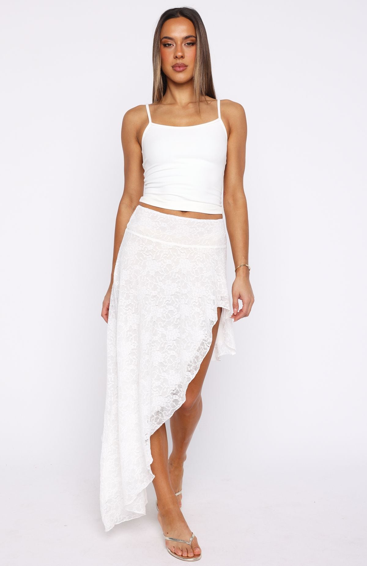 Dancing On My Own Lace Midi Skirt White | White Fox Boutique US