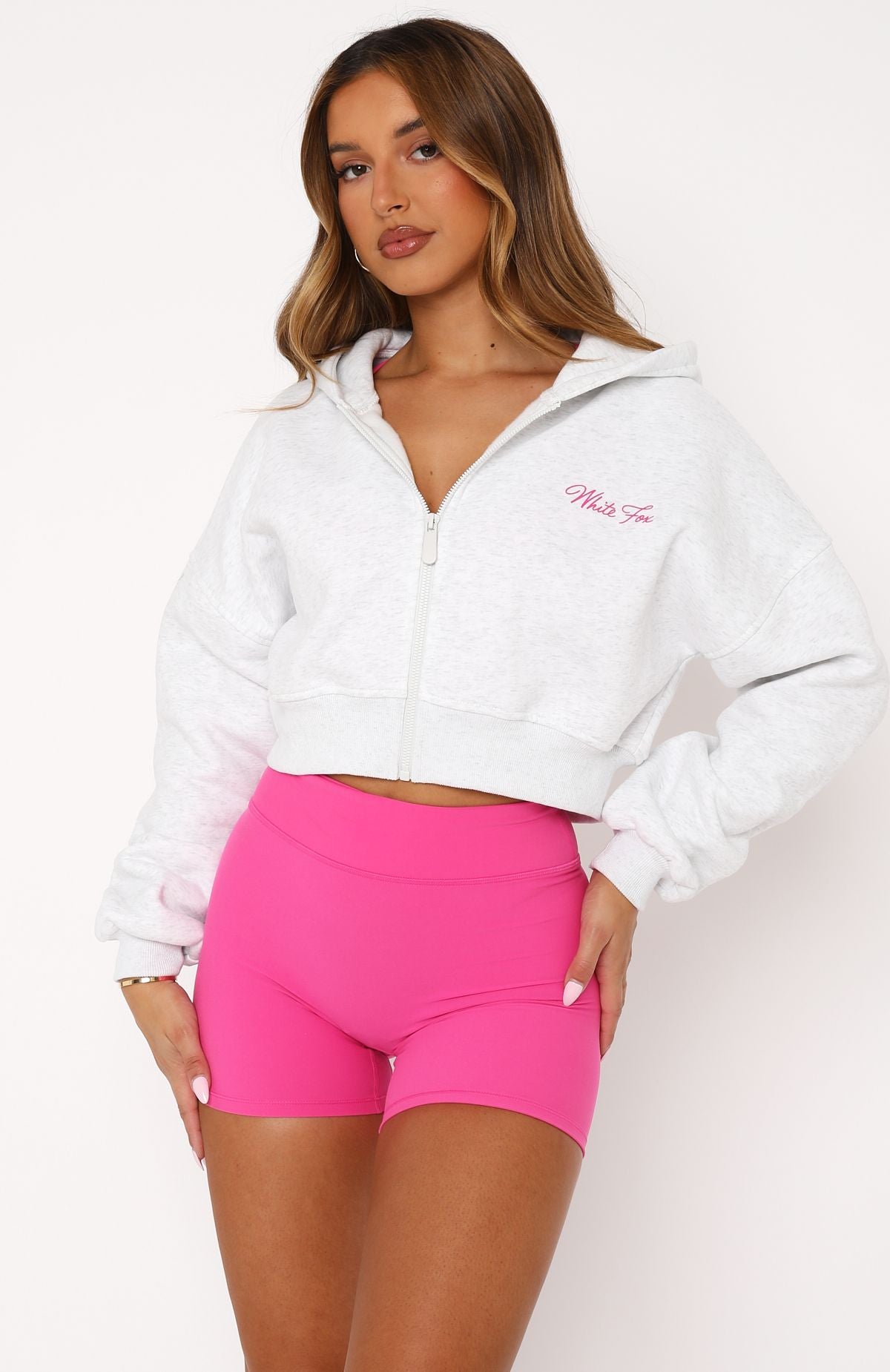 Stepping Out Cropped Hoodie Grey Marle/Pink | White Fox Boutique US