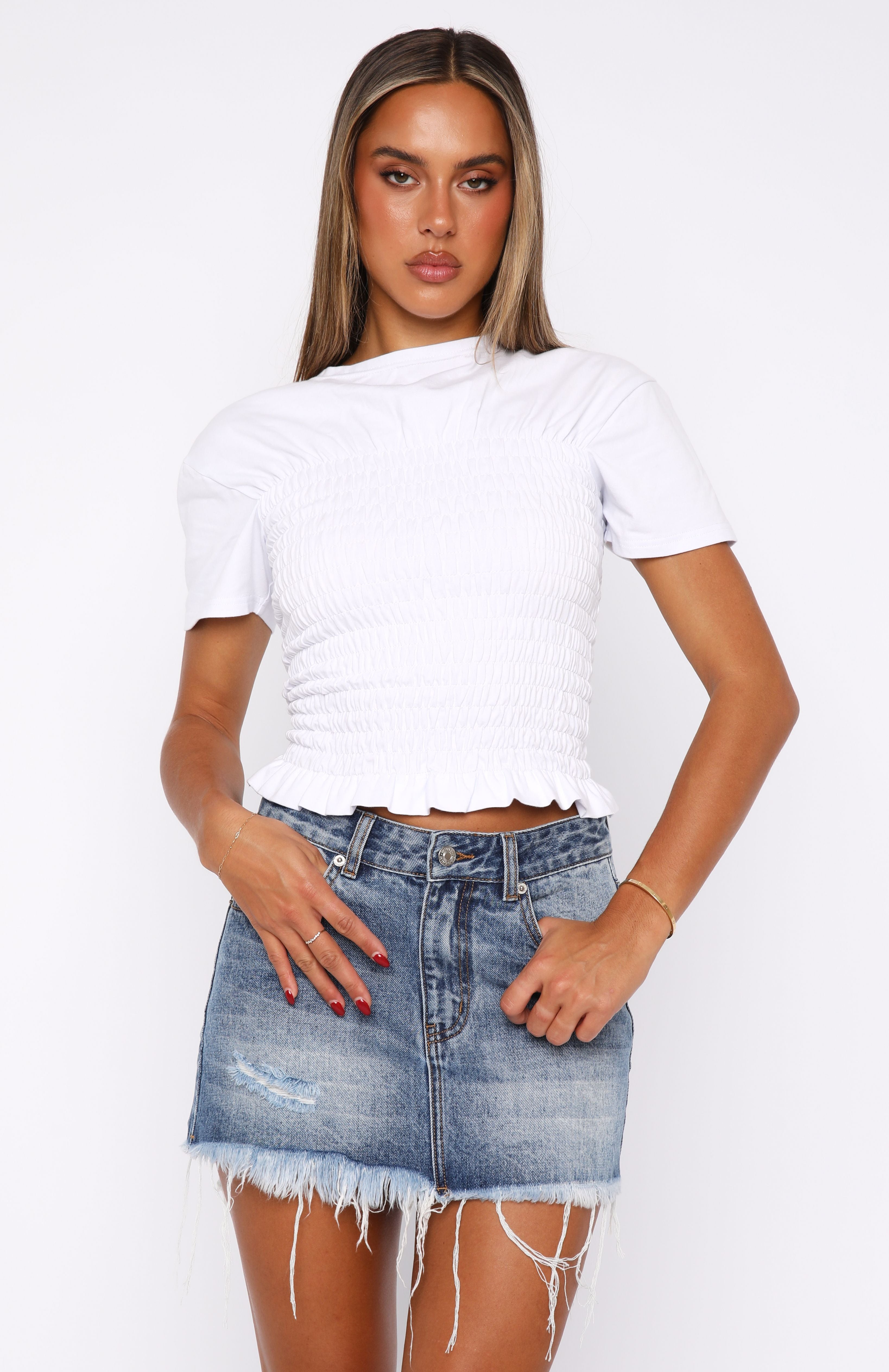 Amelia Denim Mini Skirt Mid Blue Acid | White Fox Boutique US