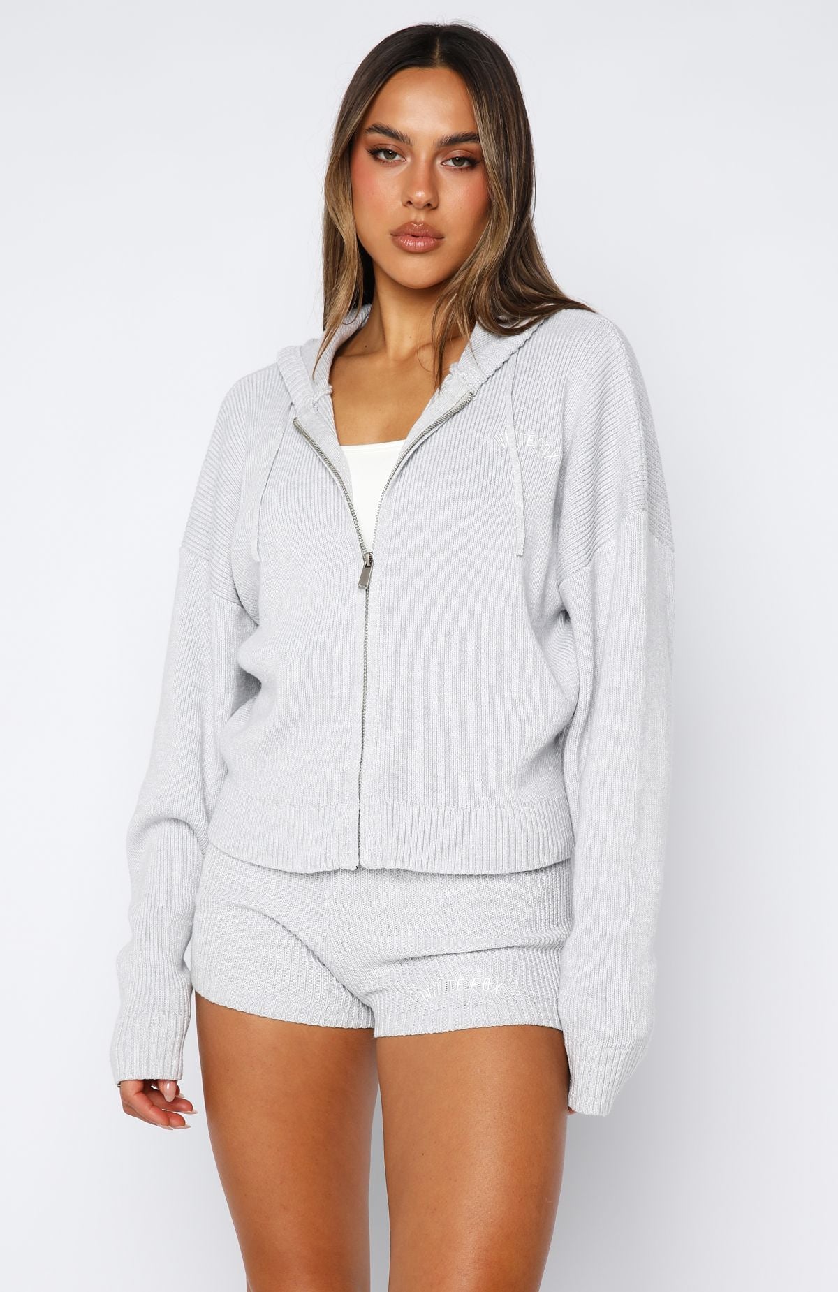 Floating By Knit Zip Front Hoodie Grey Marle | White Fox Boutique US