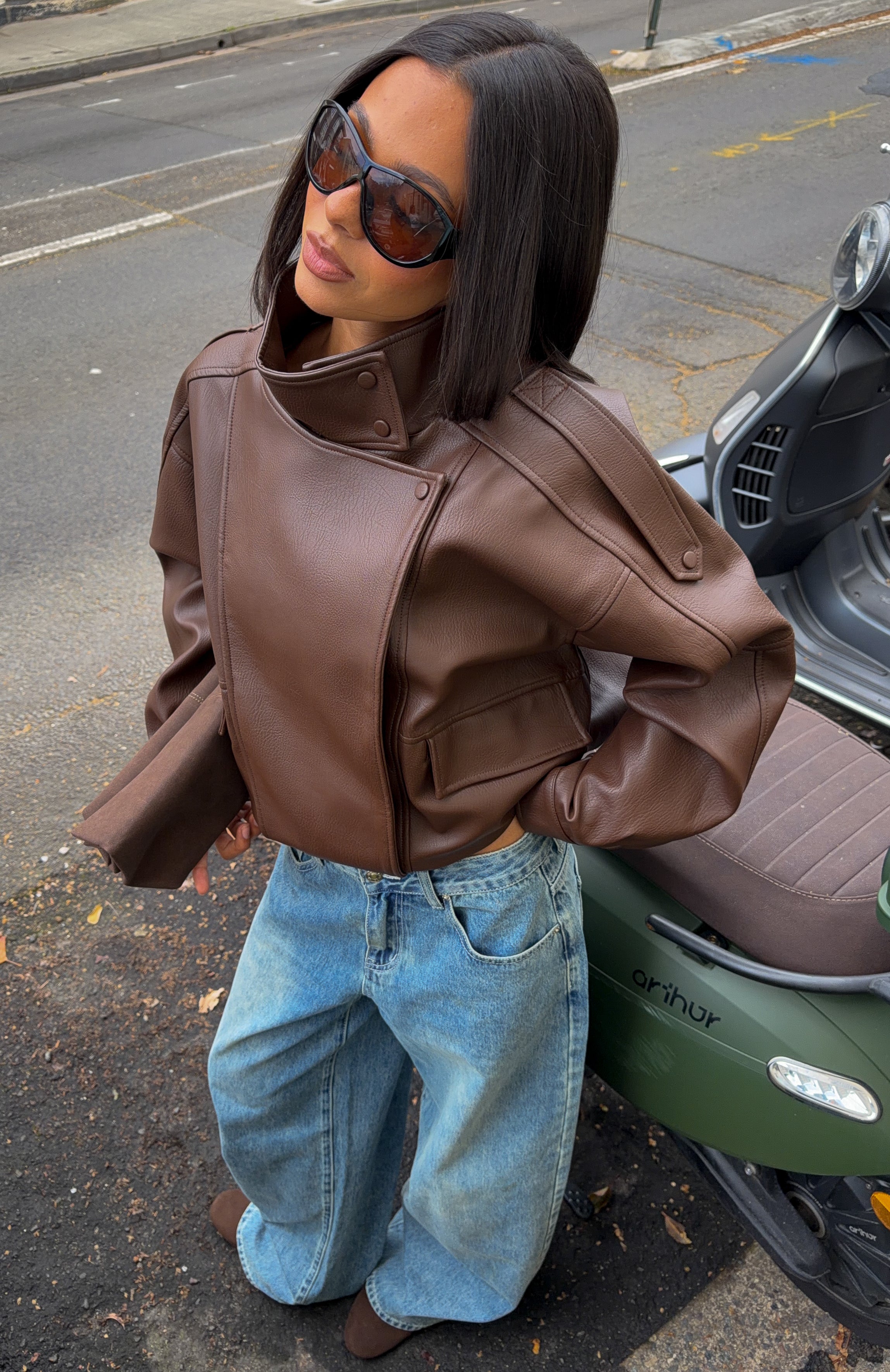 Arianna Funnel Neck PU Jacket Chocolate | White Fox Boutique US