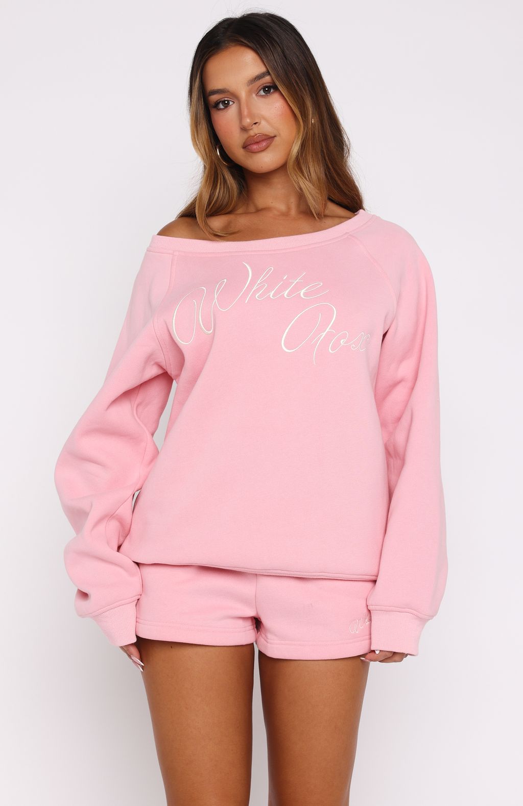 Lucky Thirteen Elsa Off Shoulder Sweater Candy Pink | White Fox