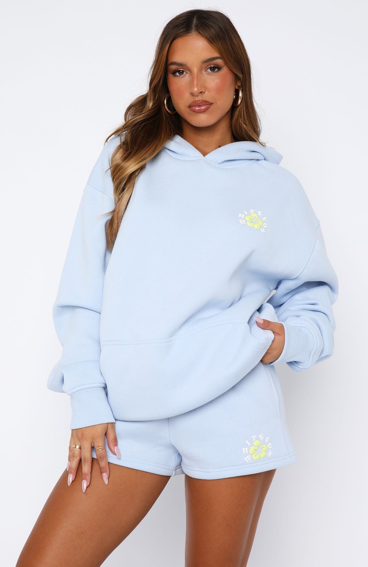 Lumignon Big Fur knit hoodie ホワイト×ライトブルー Keep Blooming Oversized Hoodie Blue | White Fox Boutique US