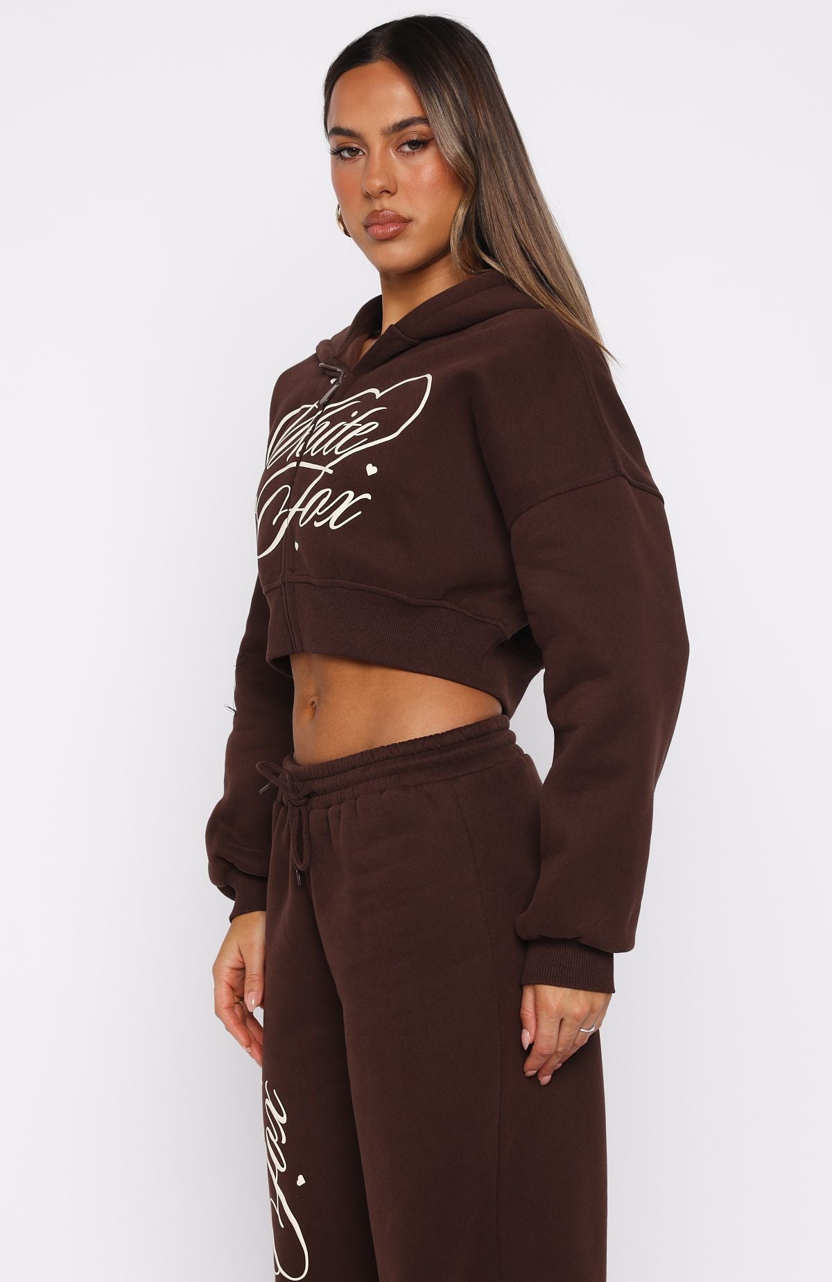 Love You Regardless Cropped Zip Front Hoodie Chocolate | White Fox Love You Regardless Cropped Zip Front Hoodie Chocolate | White Fox